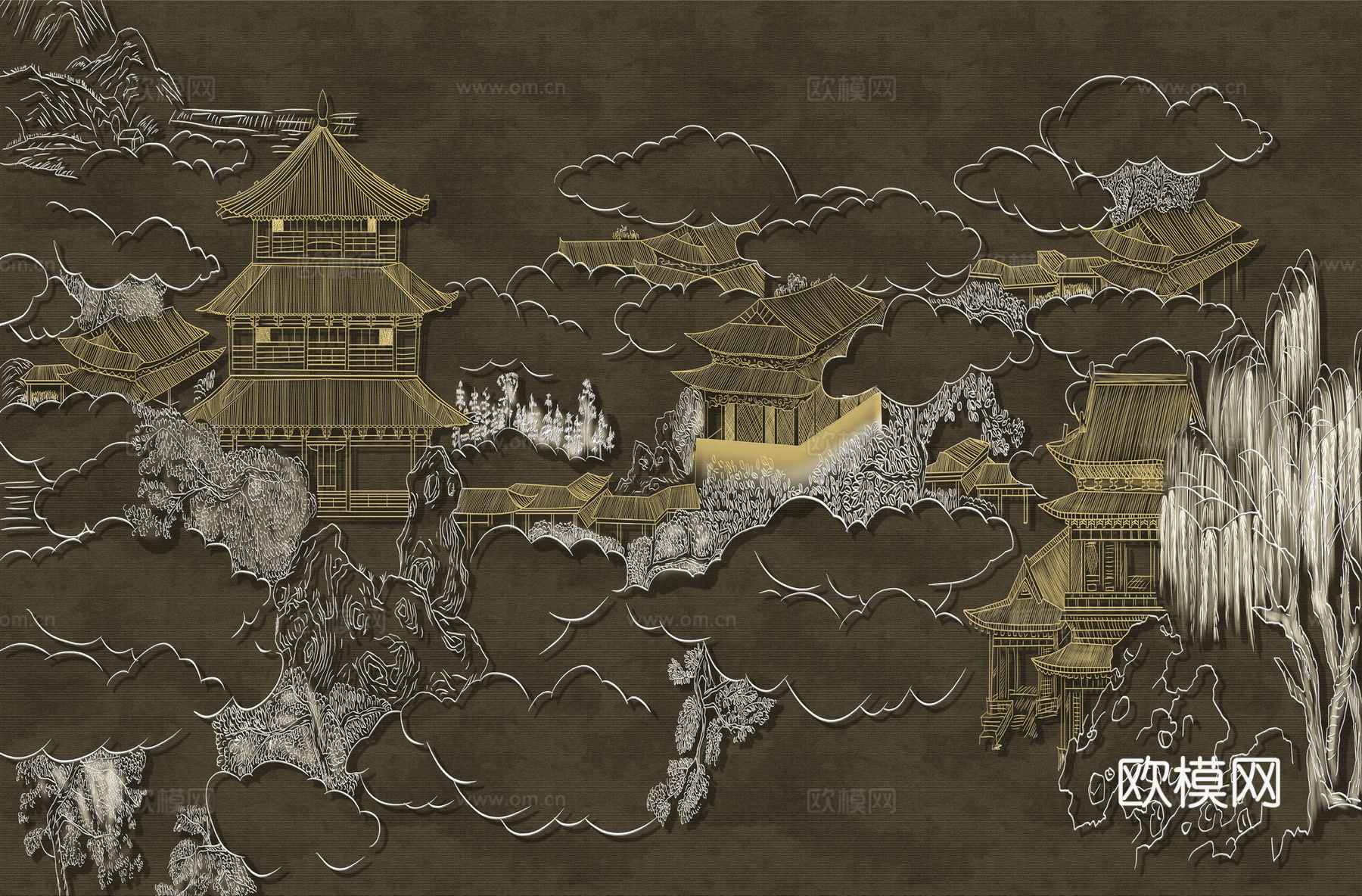 高清新中式楼阁线条肌理背景