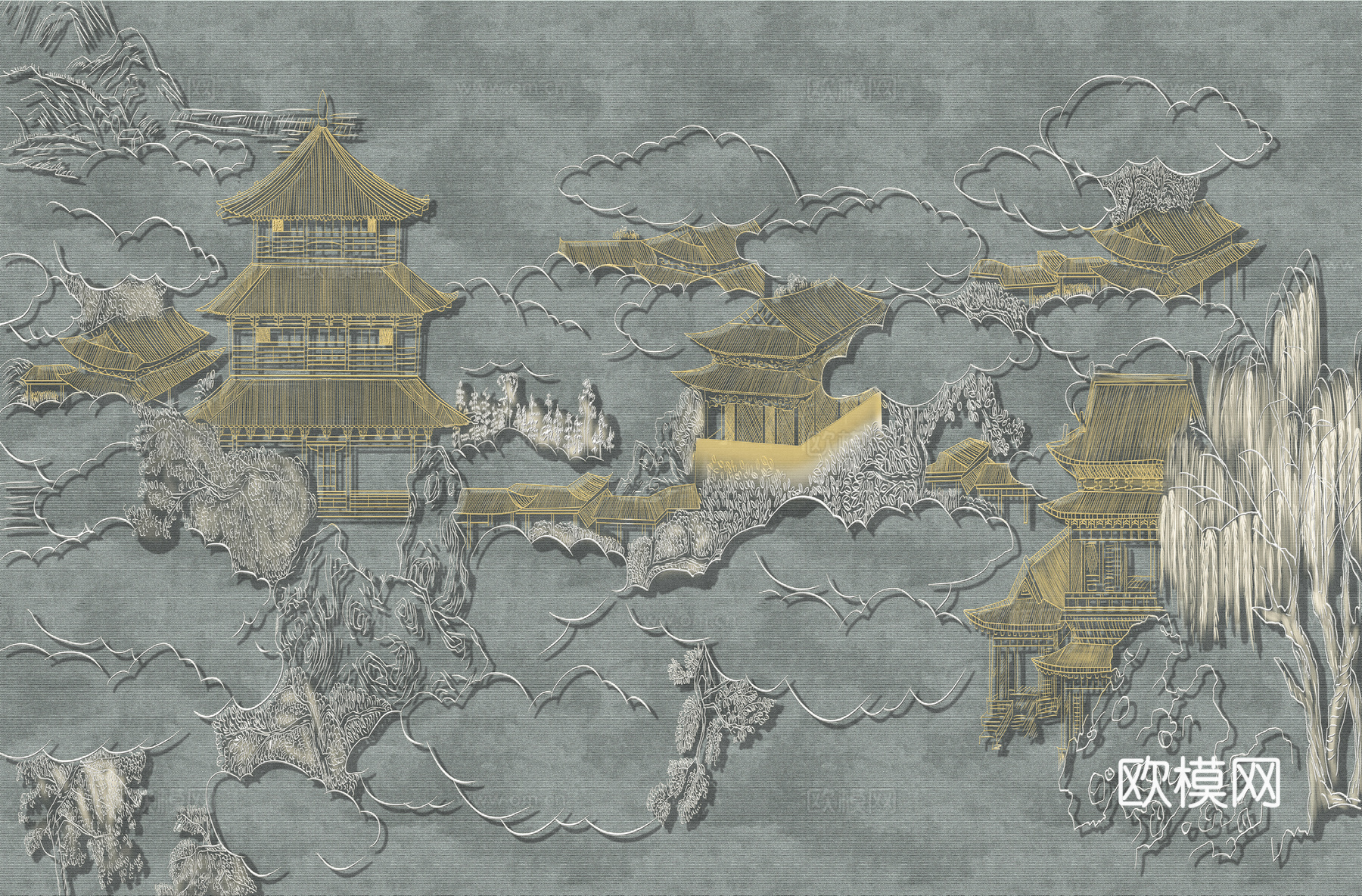 高清新中式楼阁线条肌理背景