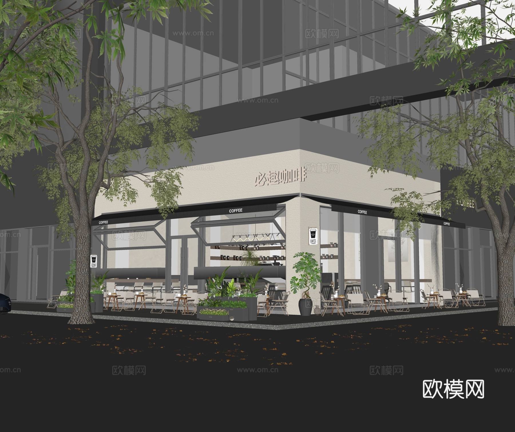 现代咖啡店建筑 商业店铺门头su模型