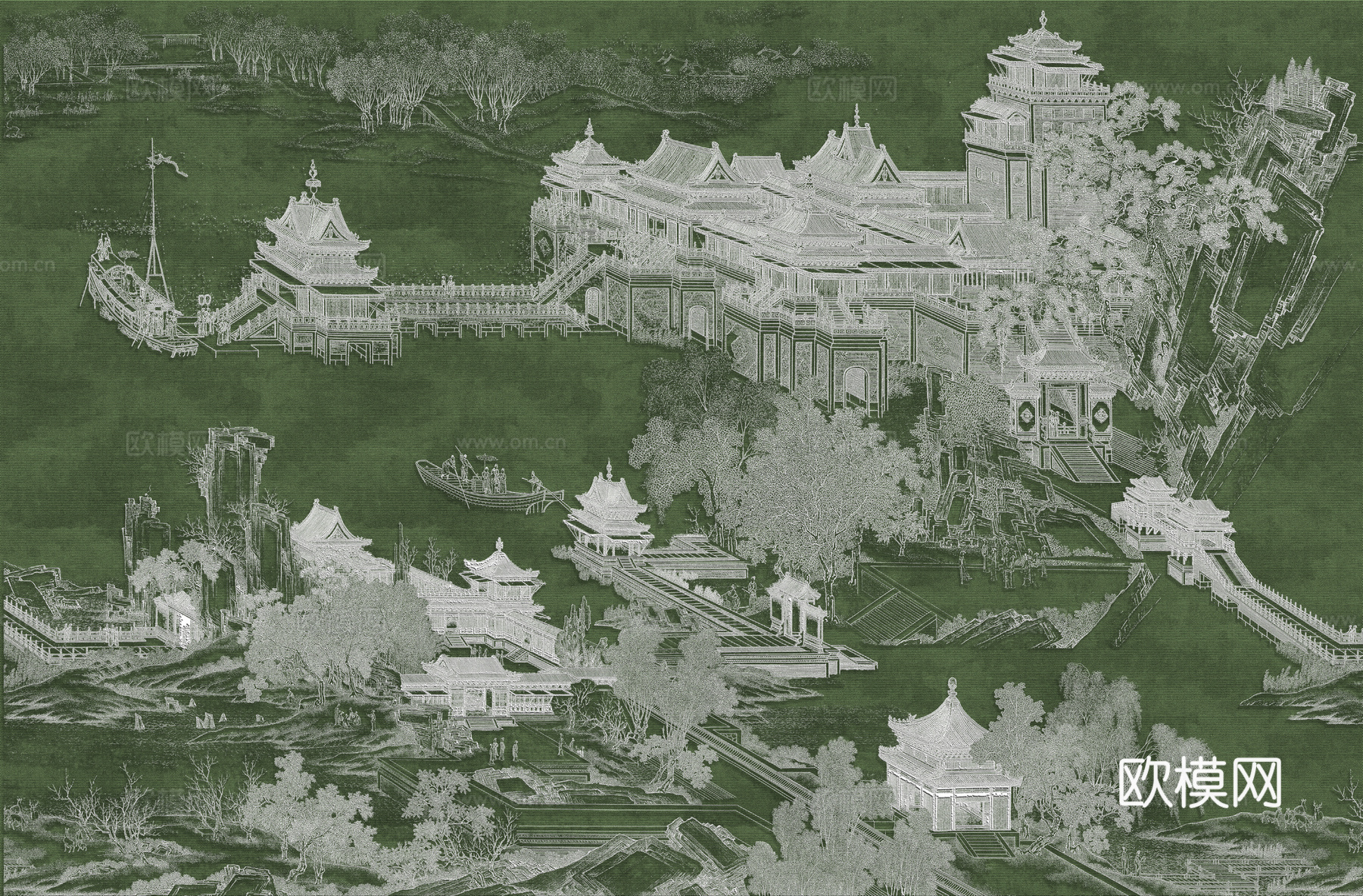 高清新中式楼阁线条肌理背景