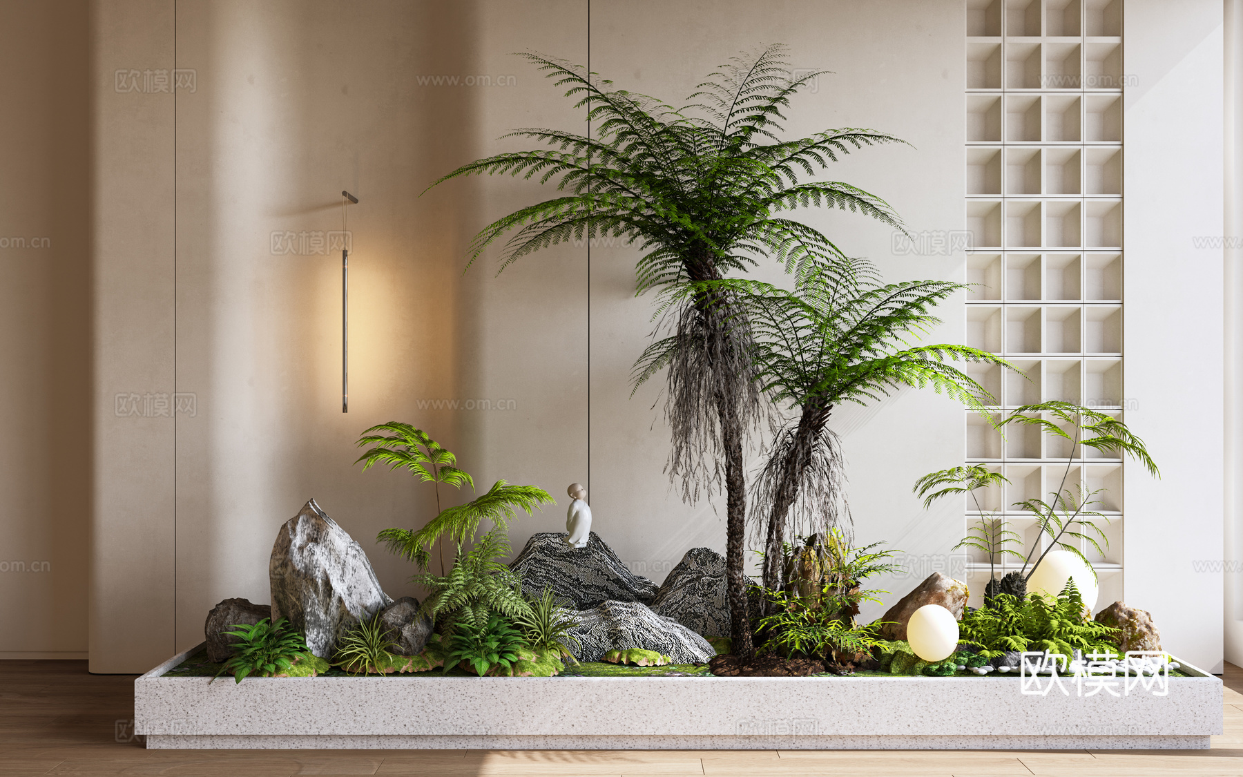 现代 景观小品 景观造景 植物堆 苔藓 景观灯 树 石头 室su模型