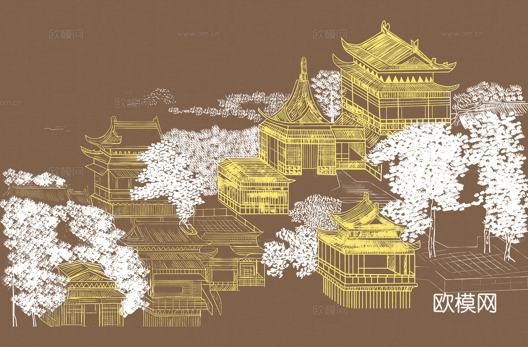高清新中式楼阁线条肌理背景