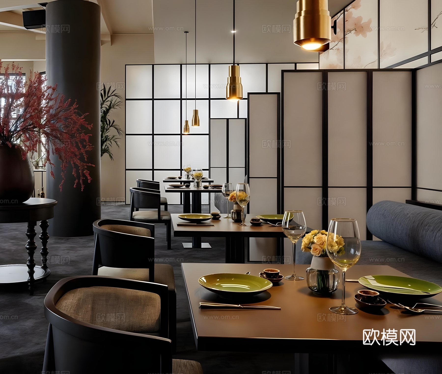 新中式中餐厅 现代西餐厅 新中式酒店餐厅 现代东南亚餐厅su模型