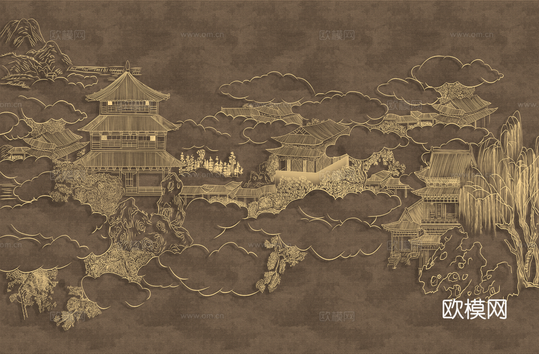高清新中式楼阁线条肌理背景