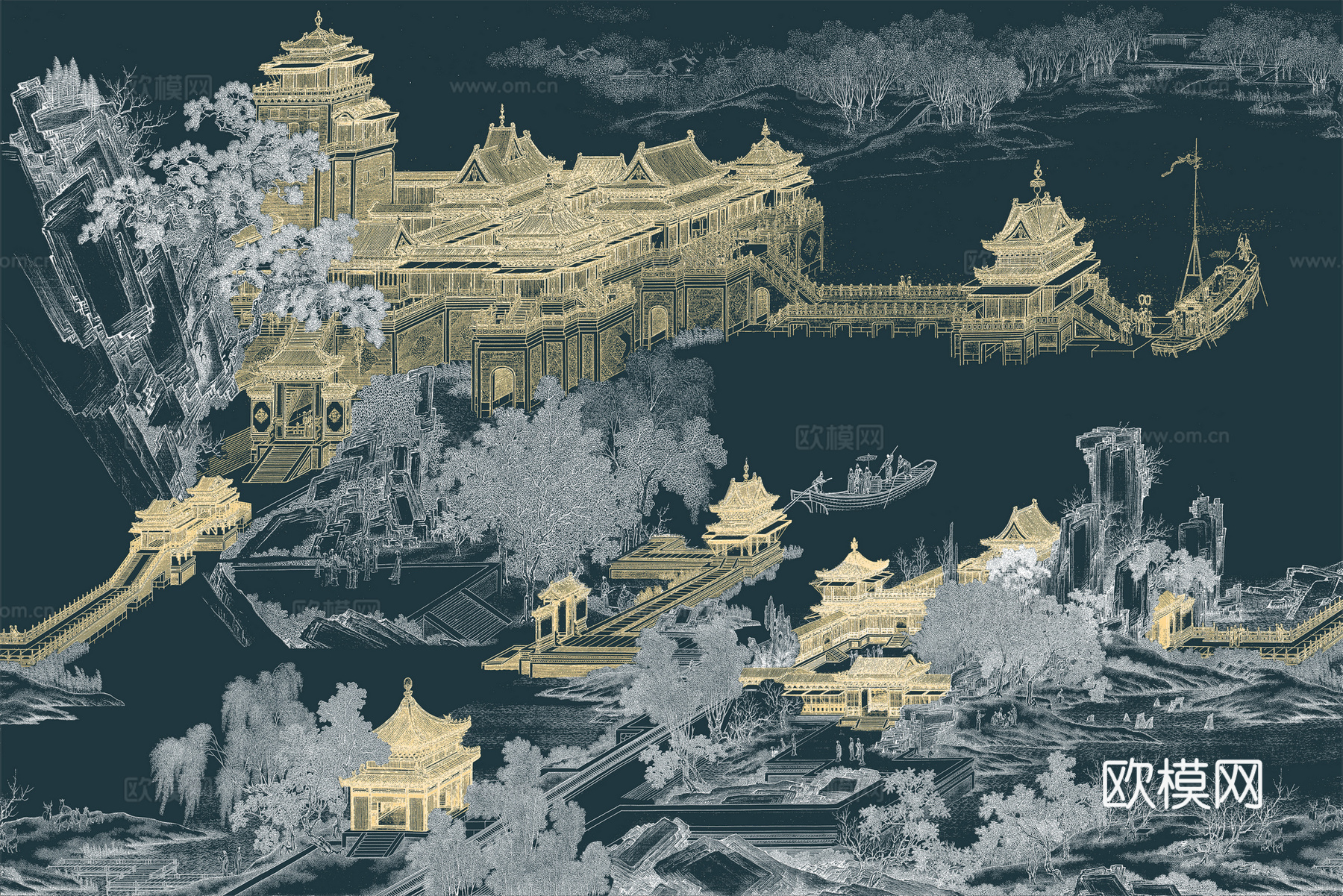 高清新中式楼阁线条肌理背景
