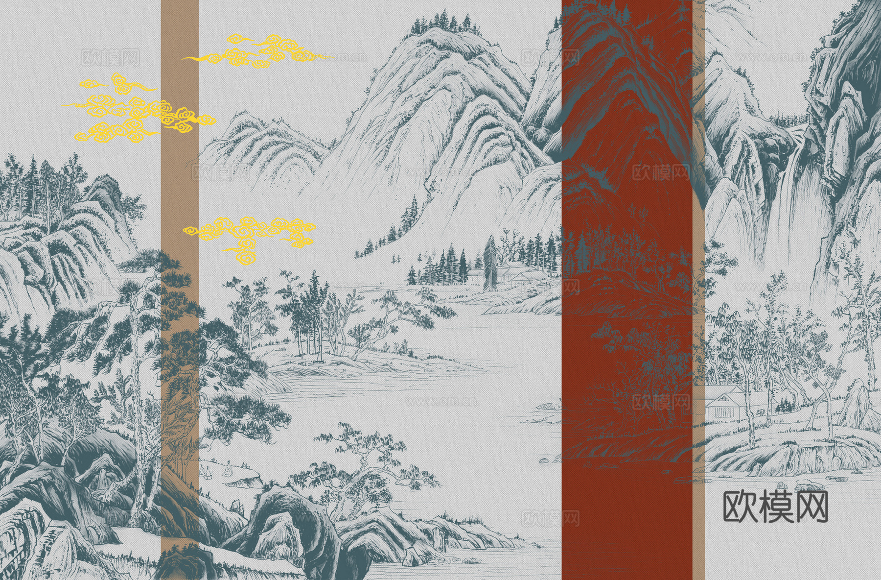 高清新中式楼阁线条肌理背景
