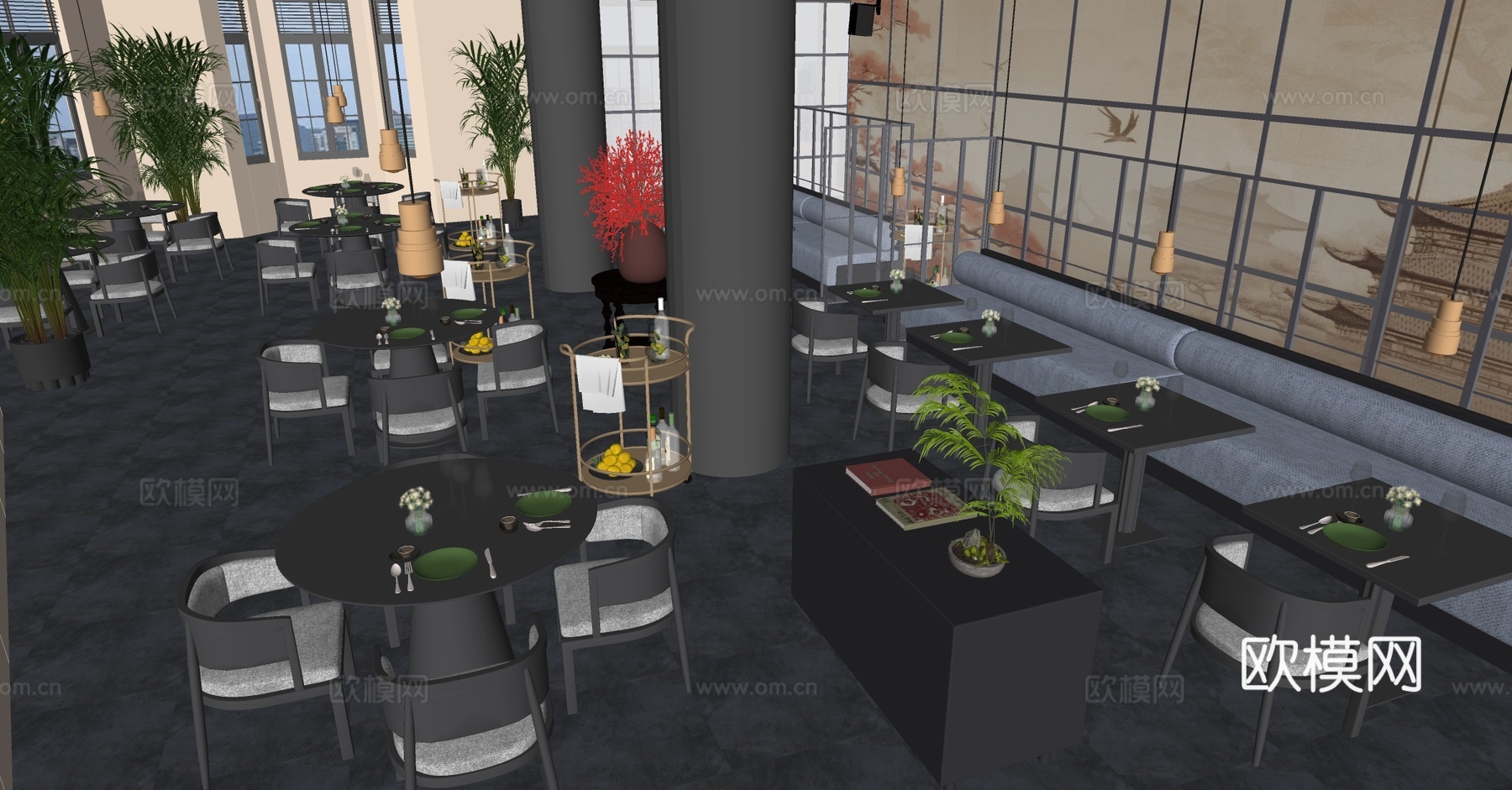 新中式酒店餐厅 现代西餐厅 现代东南亚餐厅 新中式中餐厅su模型