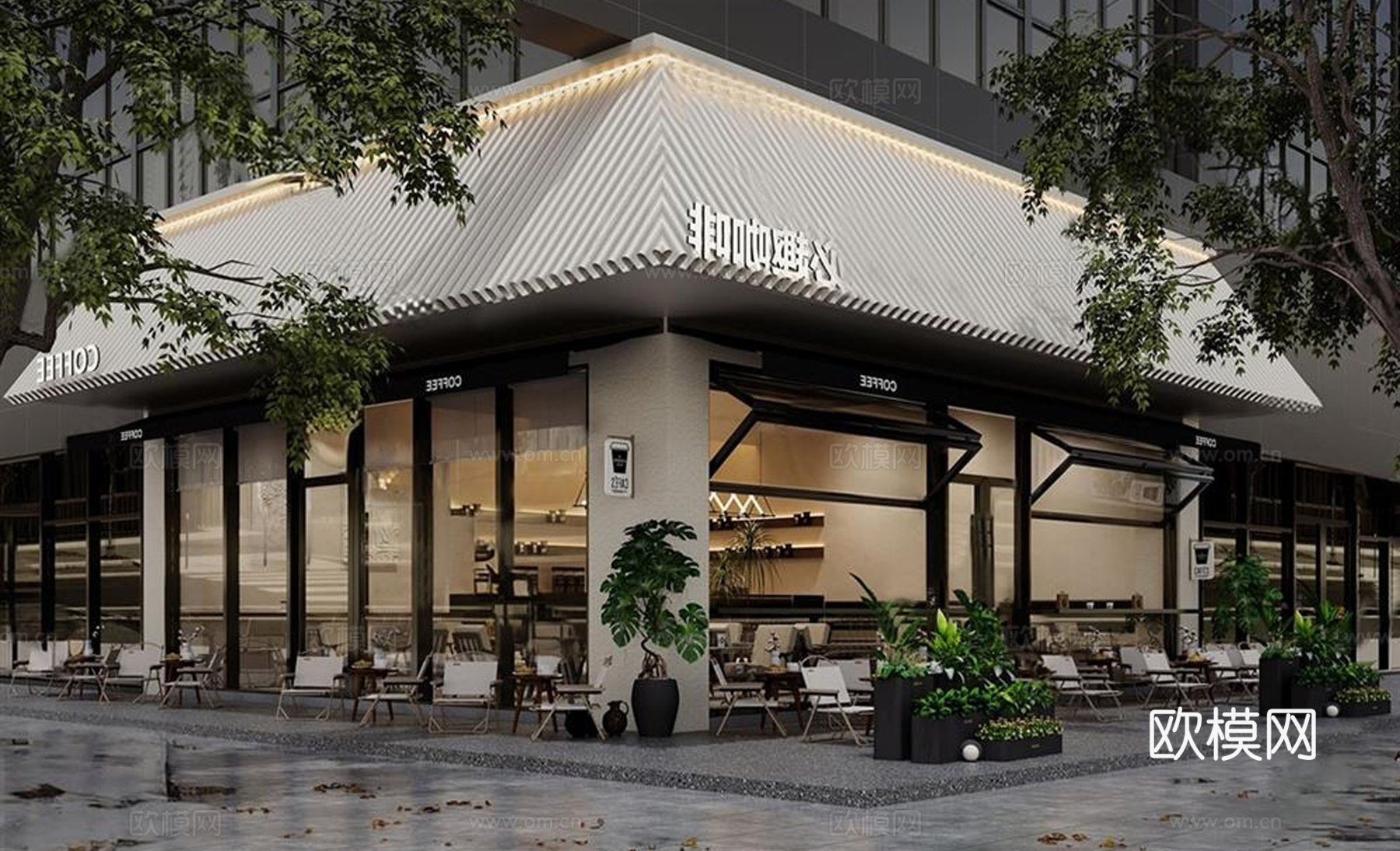 现代咖啡店建筑 商业店铺门头su模型