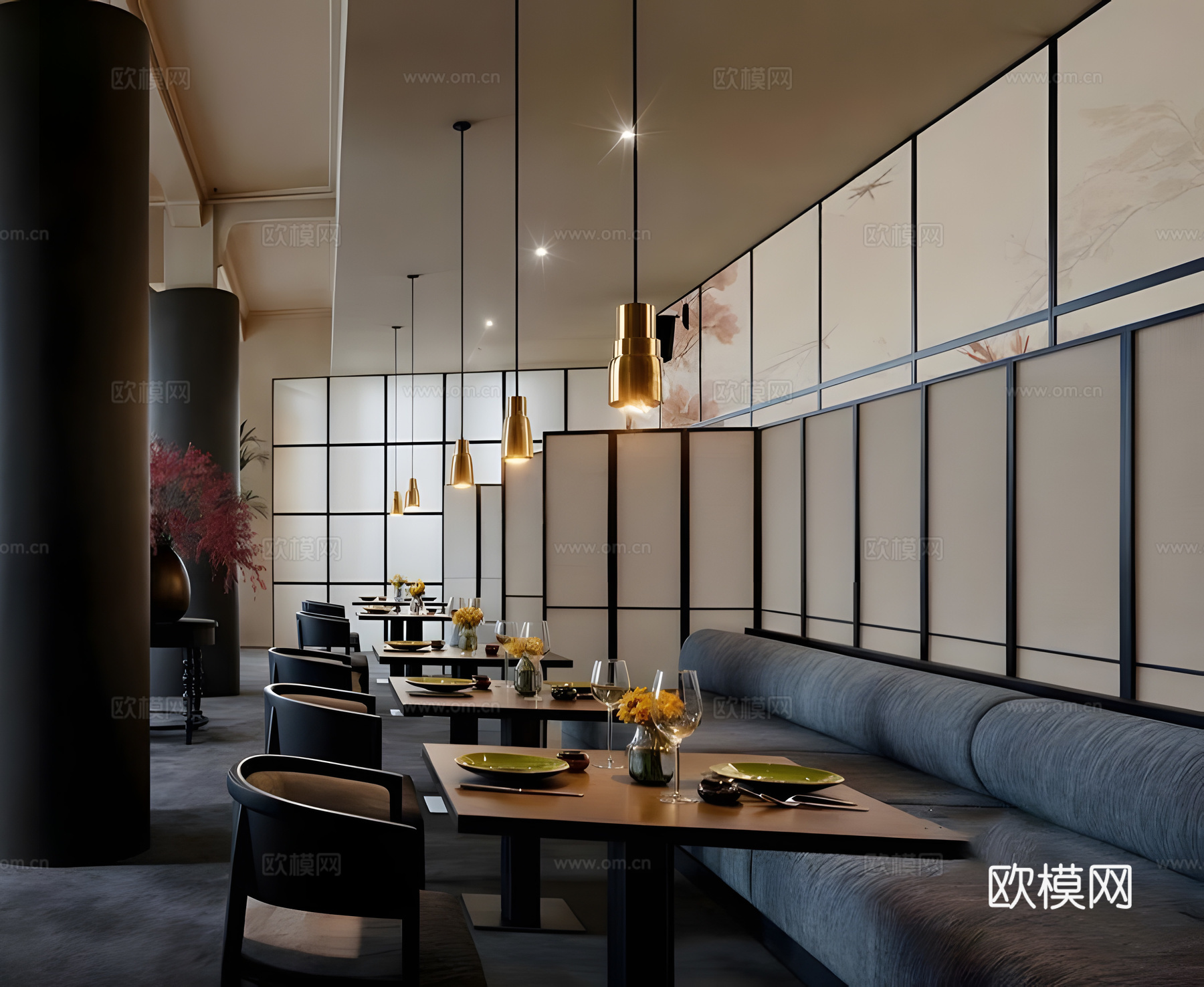 新中式酒店餐厅 现代西餐厅 现代东南亚餐厅 新中式中餐厅su模型