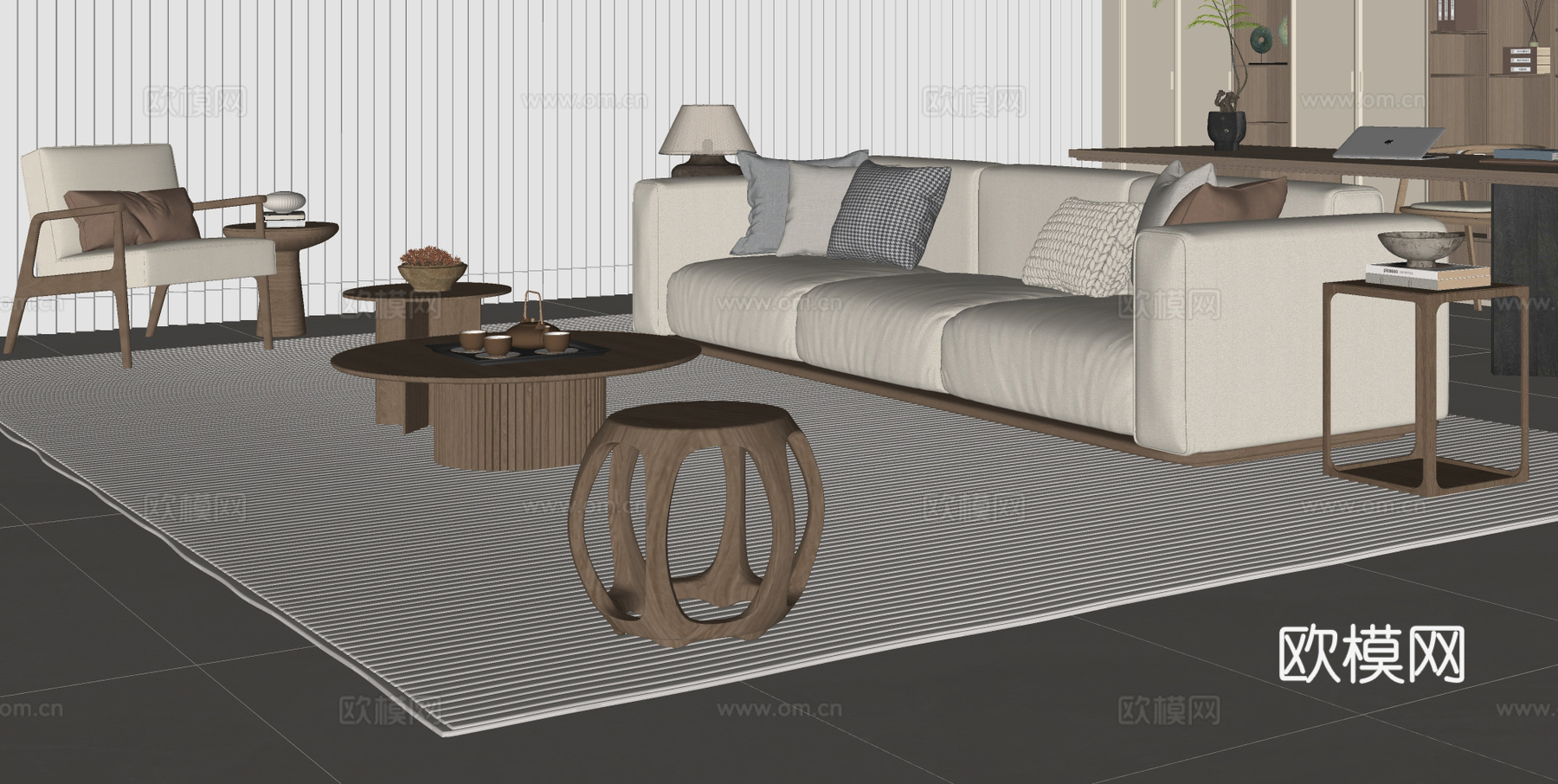 新中式沙发茶几组合su模型