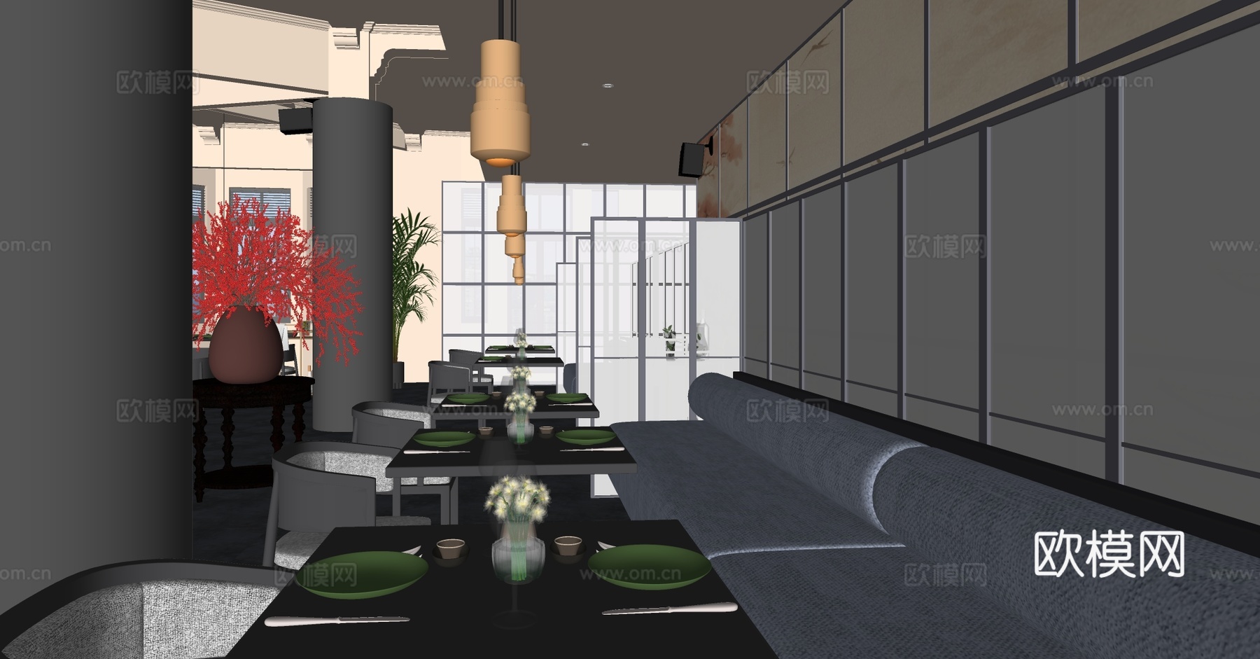 新中式中餐厅 现代西餐厅 新中式酒店餐厅 现代东南亚餐厅su模型