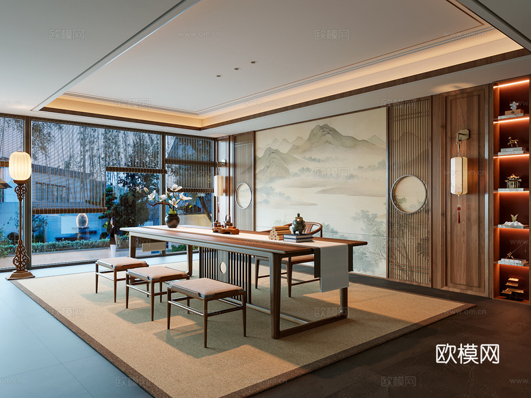 新中式茶室3d模型下载_ID15771728_3dmax免费模型-欧模网