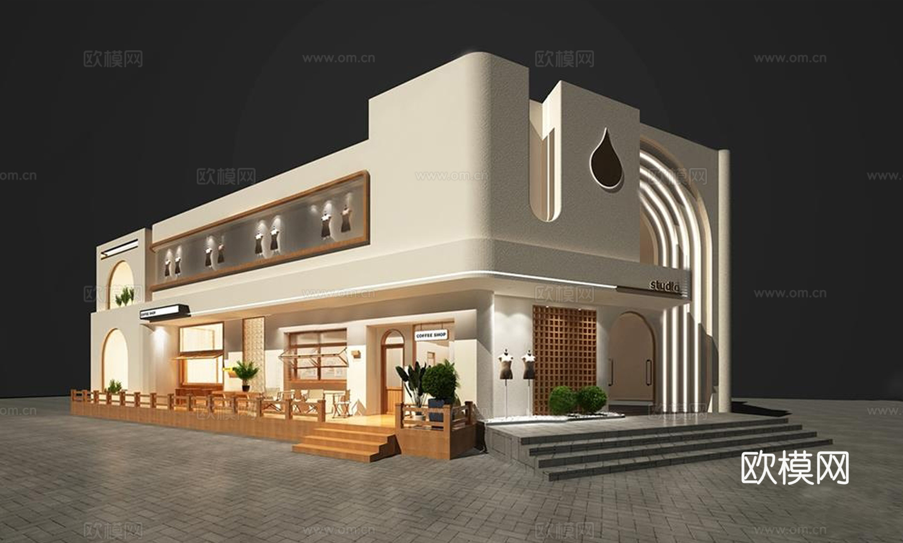 现代咖啡店建筑 商业店铺门头su模型