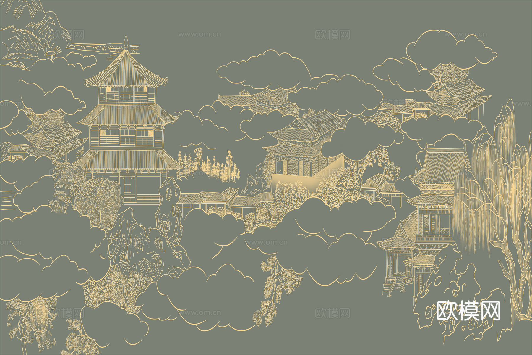 高清新中式楼阁线条肌理背景下载