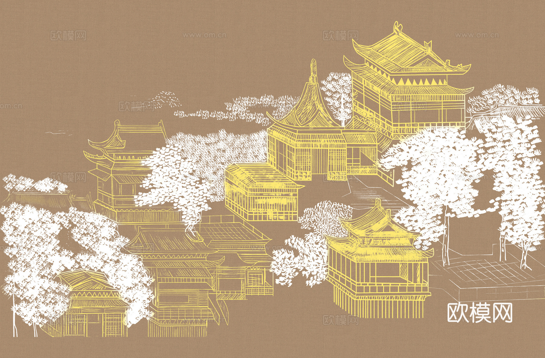 高清新中式楼阁线条肌理背景