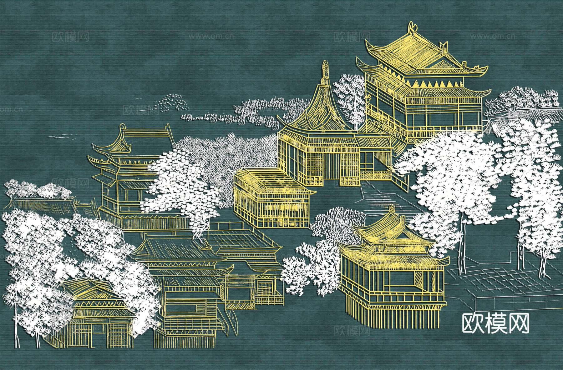 高清新中式楼阁线条肌理背景