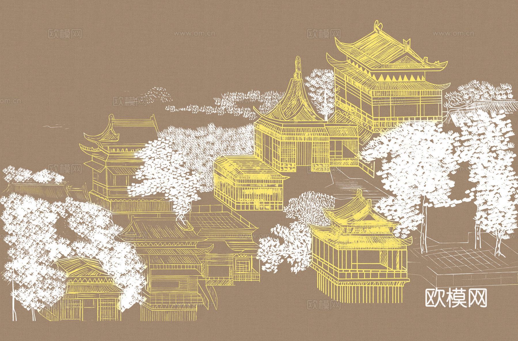高清新中式楼阁线条肌理背景
