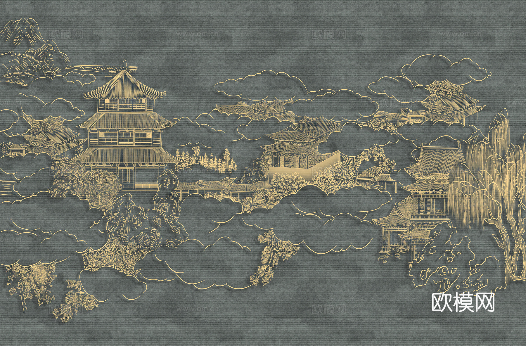 高清新中式楼阁线条肌理背景