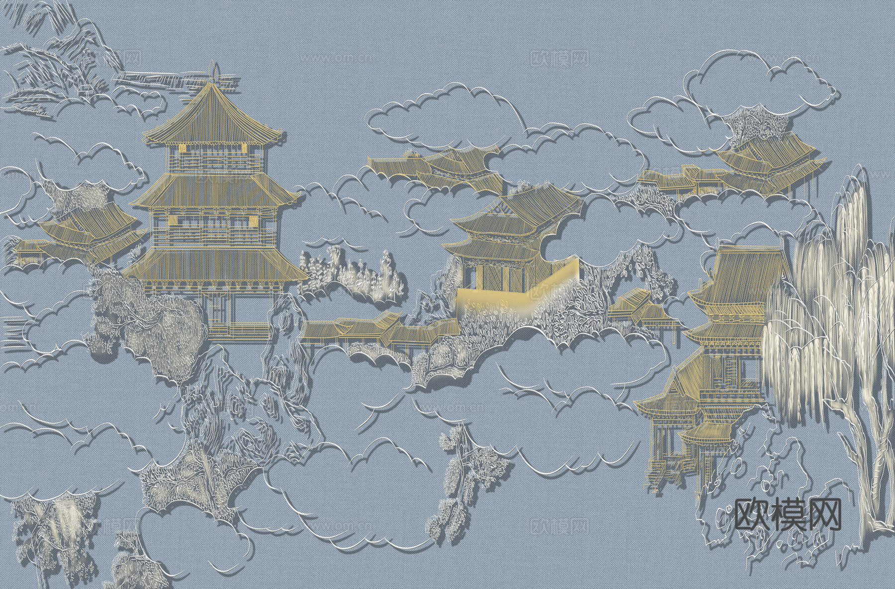 高清新中式楼阁线条肌理背景