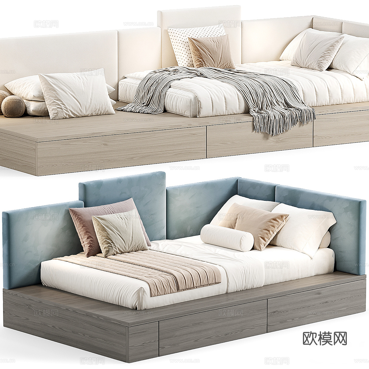 现代奶油风儿童布艺床3d模型