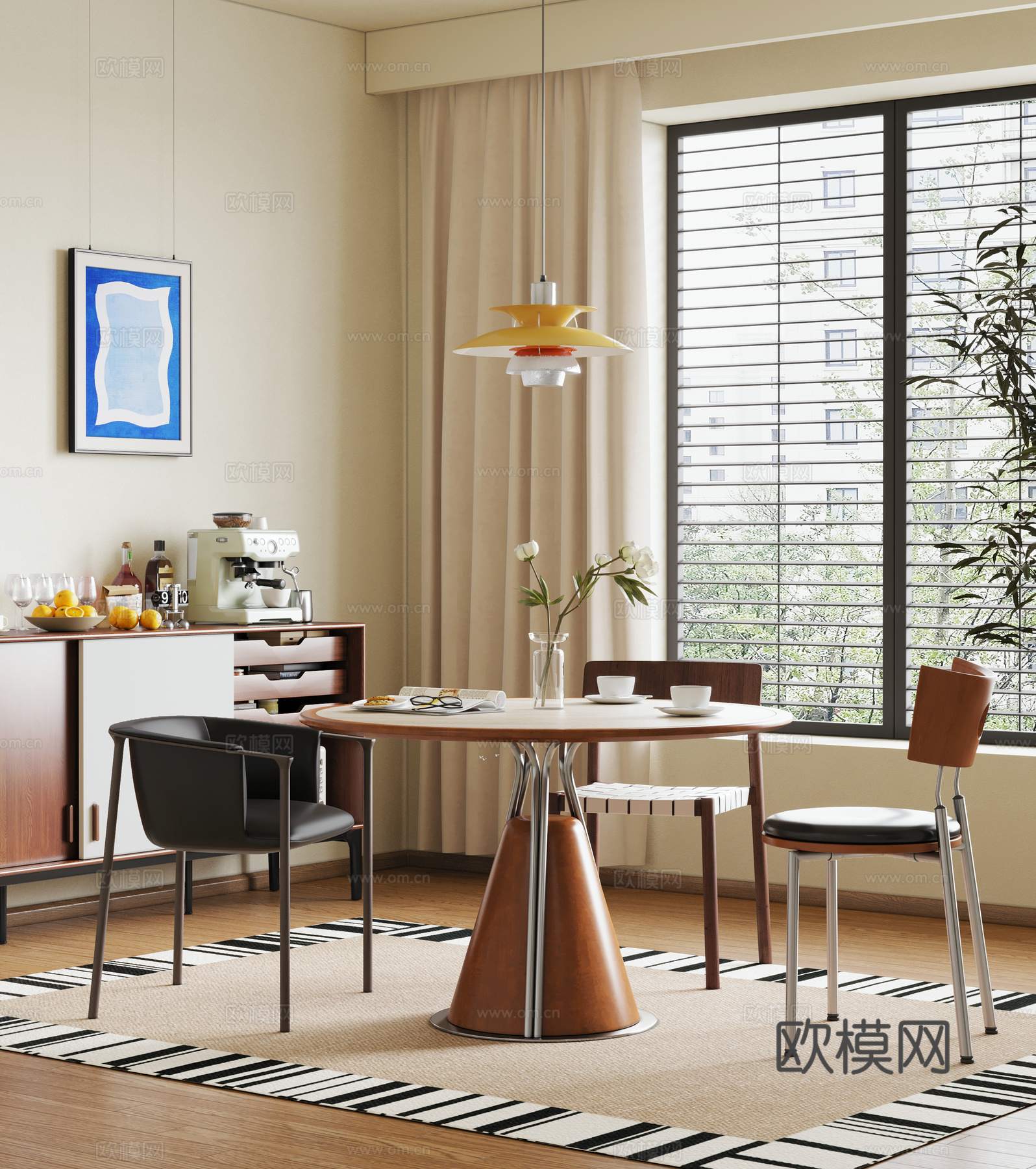 现代中古餐桌椅  中古风圆餐桌椅 中古风餐边柜3d模型