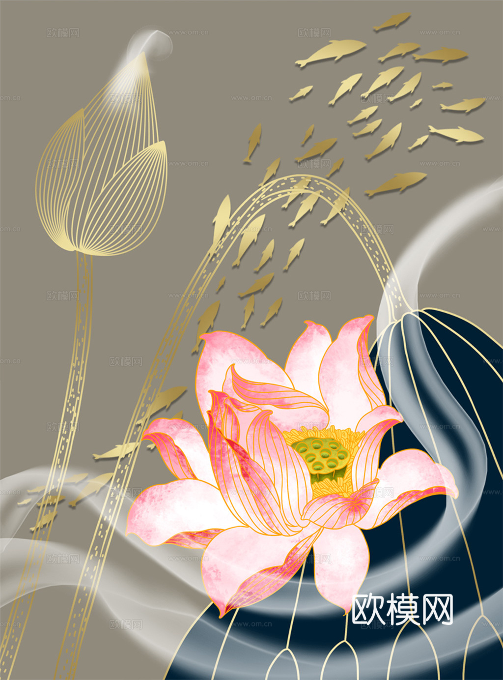 中式新中式荷花水彩装饰画