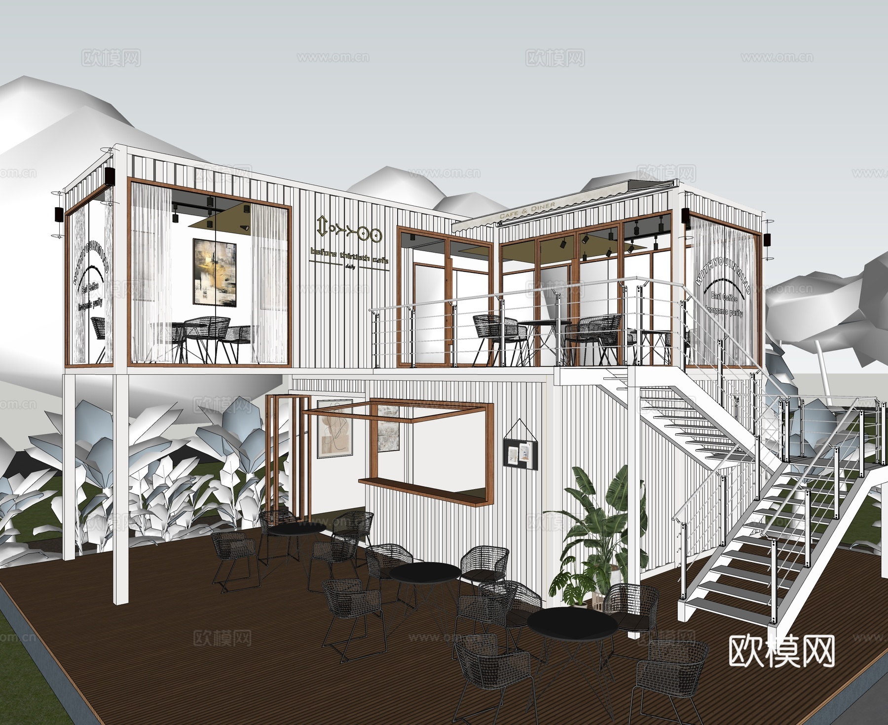 现代咖啡店建筑 商业店铺门头su模型