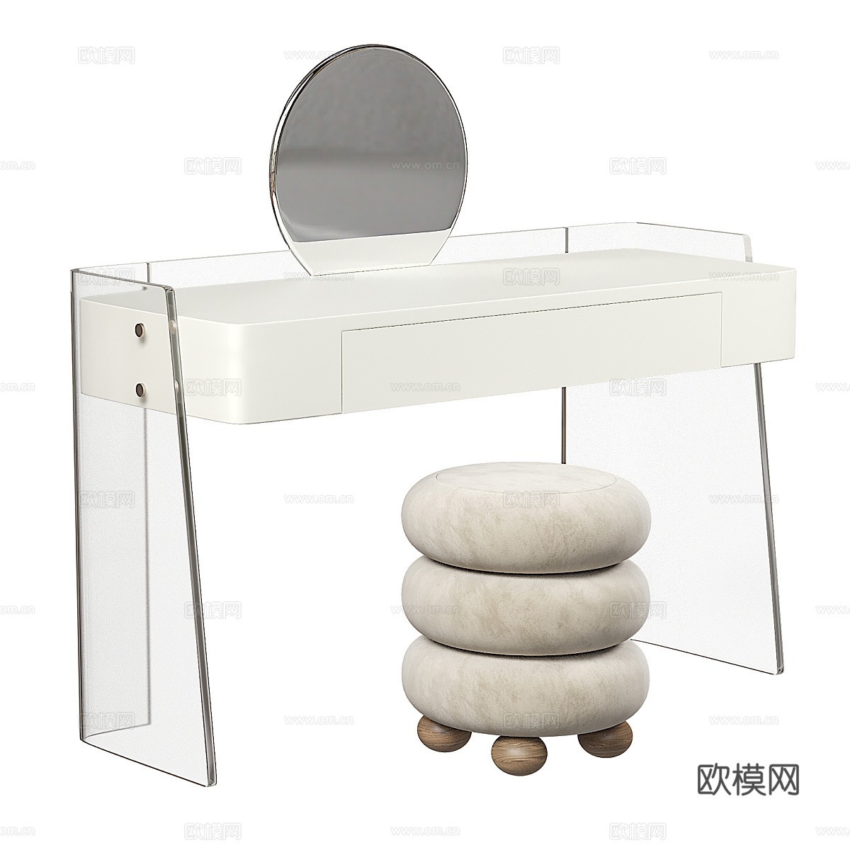 小型浅色木质化妆台 带立式镜子3d模型