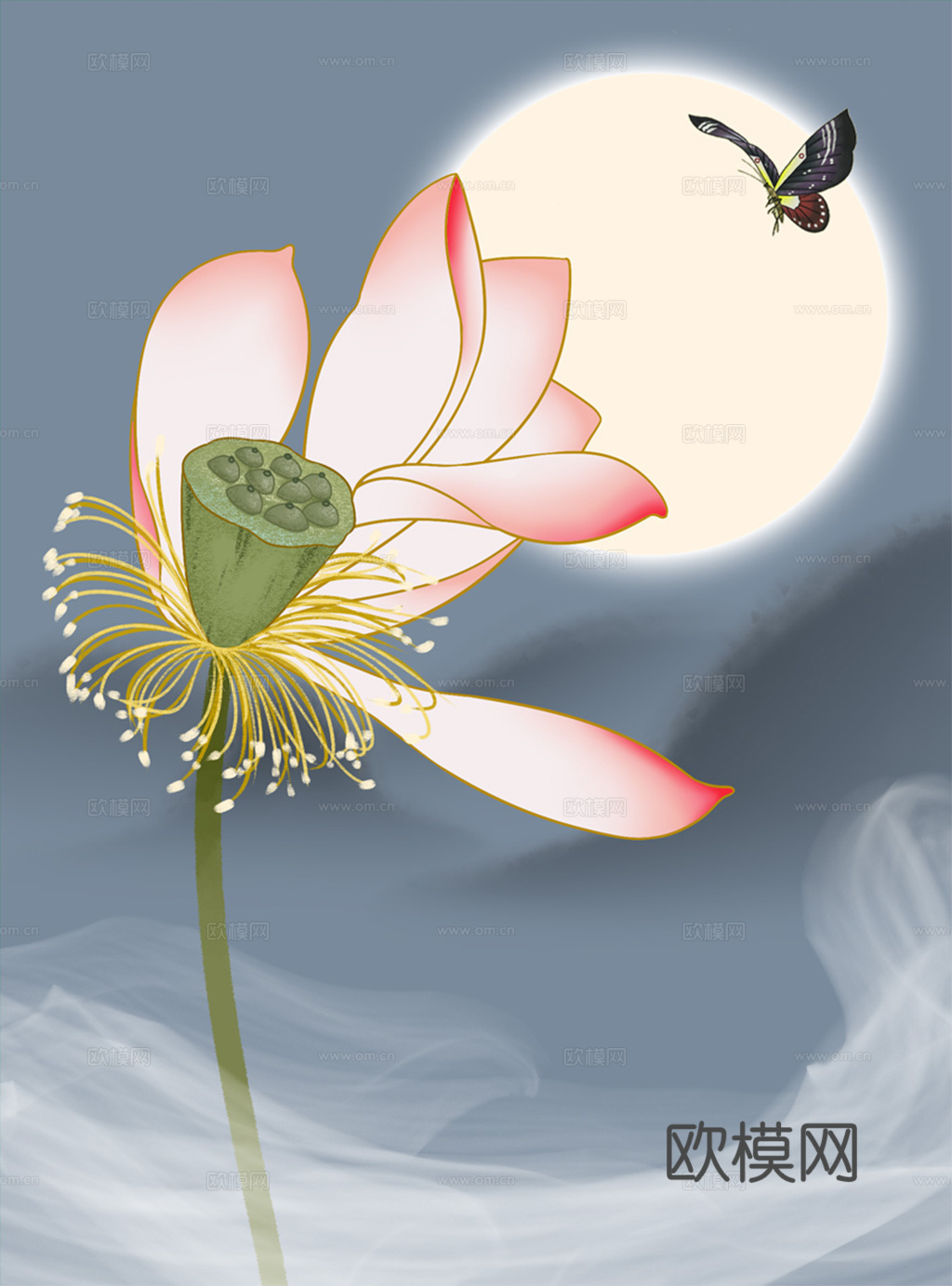 中式新中式荷花水彩装饰画