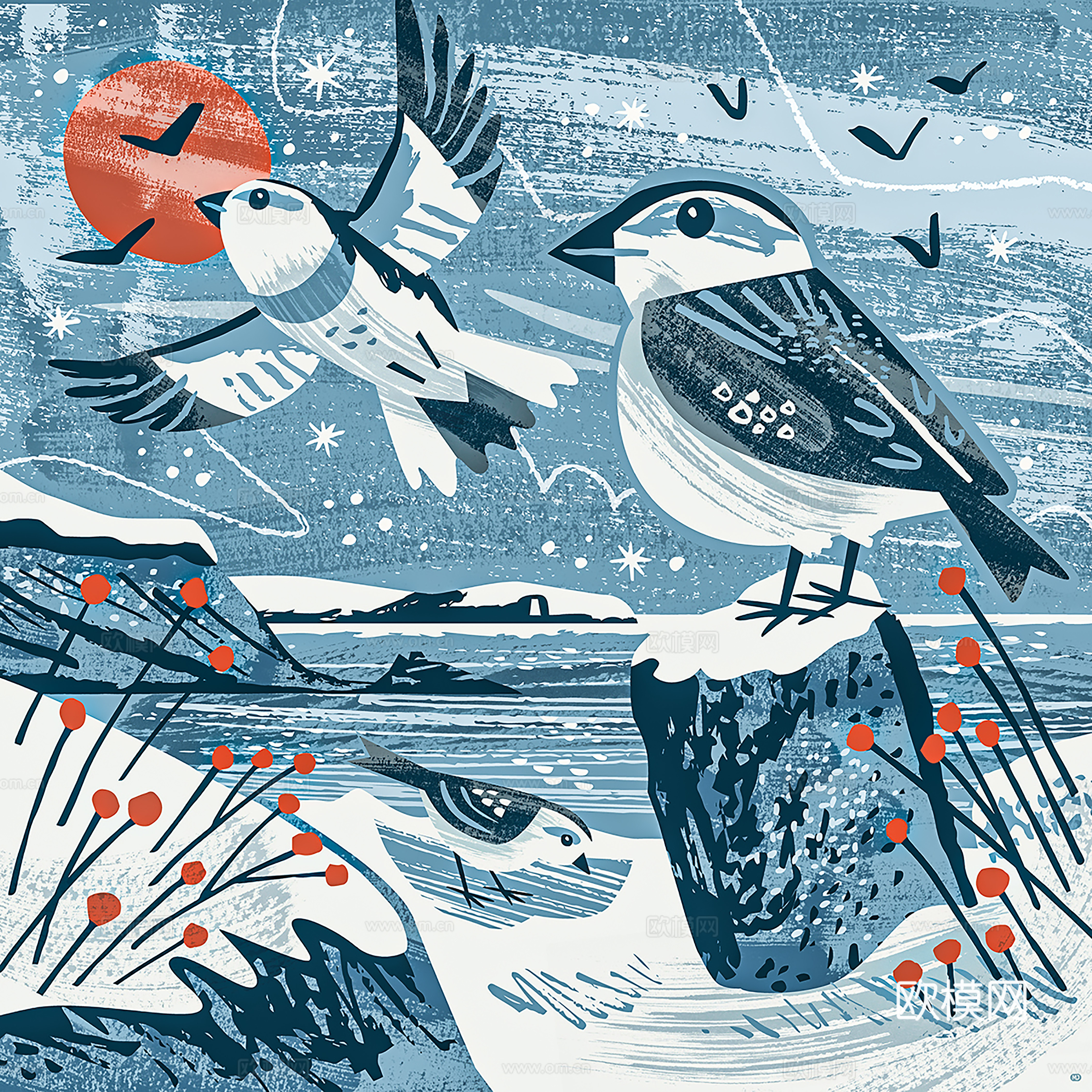 现代儿童房卡通鸟类装饰画贴图下载