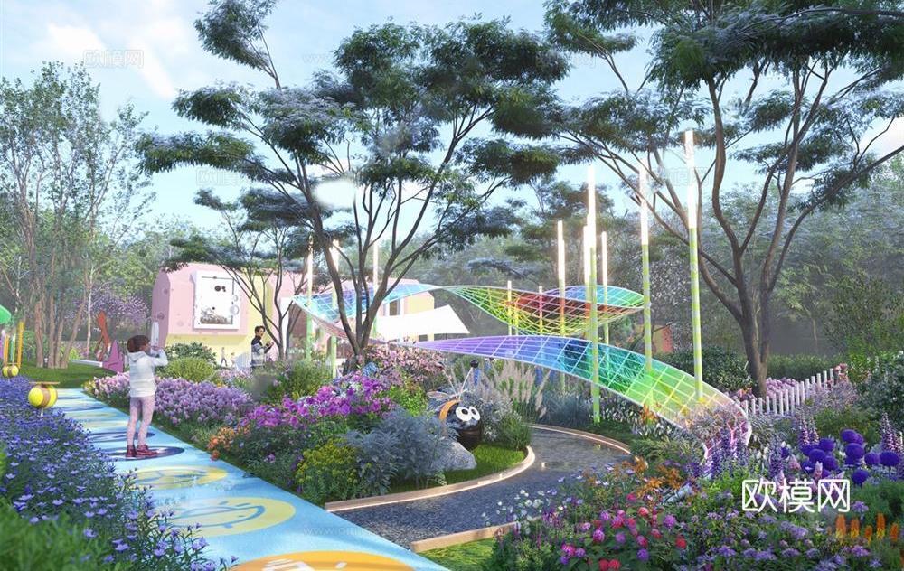 现代艺术公园 彩虹廊架 艺术雕塑装置 网红打卡su模型