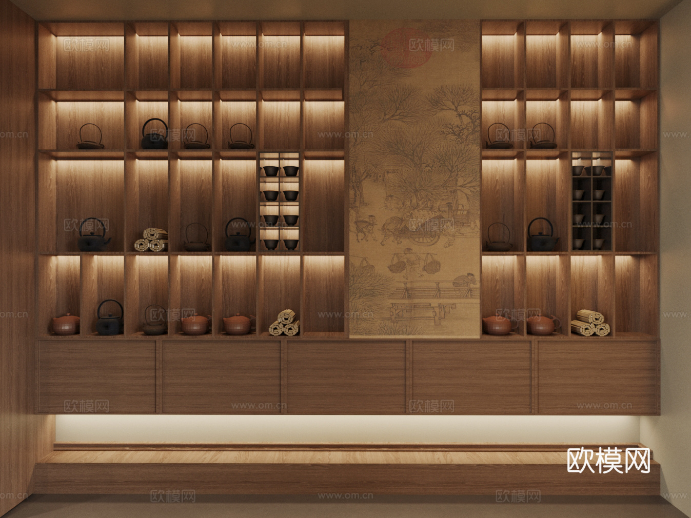 新中式禅意茶柜 茶叶展示柜 茶叶 茶壶 茶叶店展示柜 茶室柜3d模型
