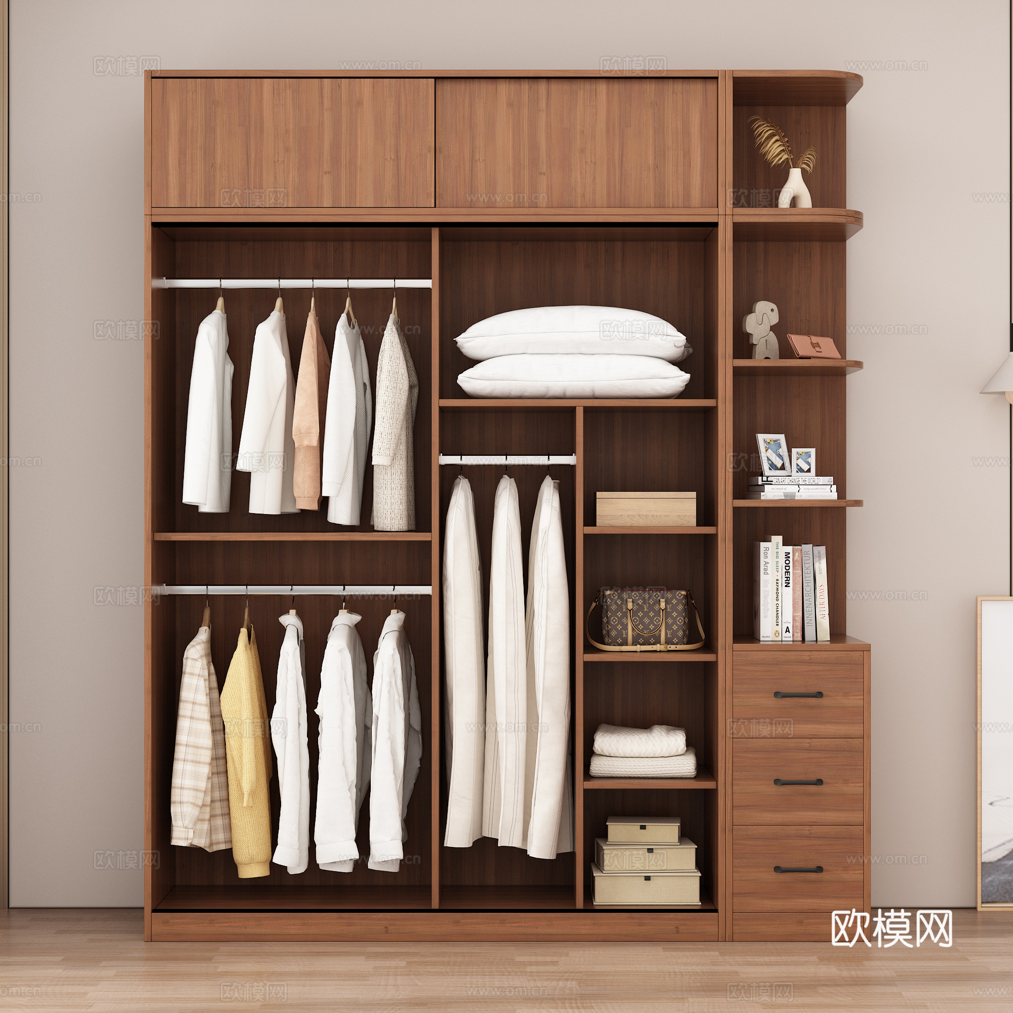 现代风格衣柜 服饰 包包 收纳箱 摆件组合 书籍 装饰画3d模型