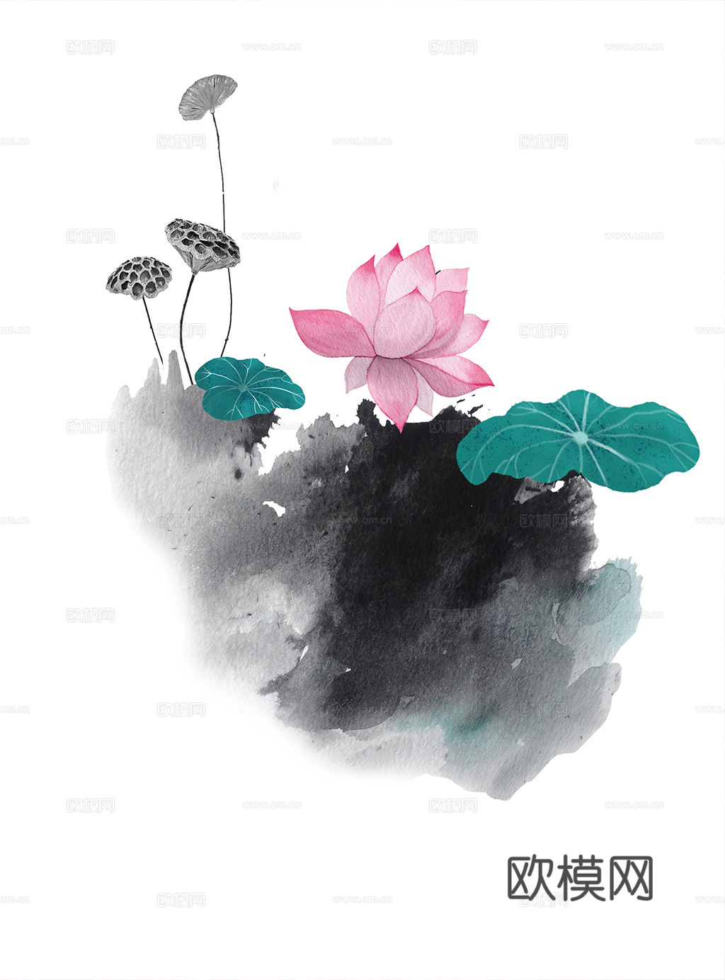 中式新中式荷花水彩装饰画