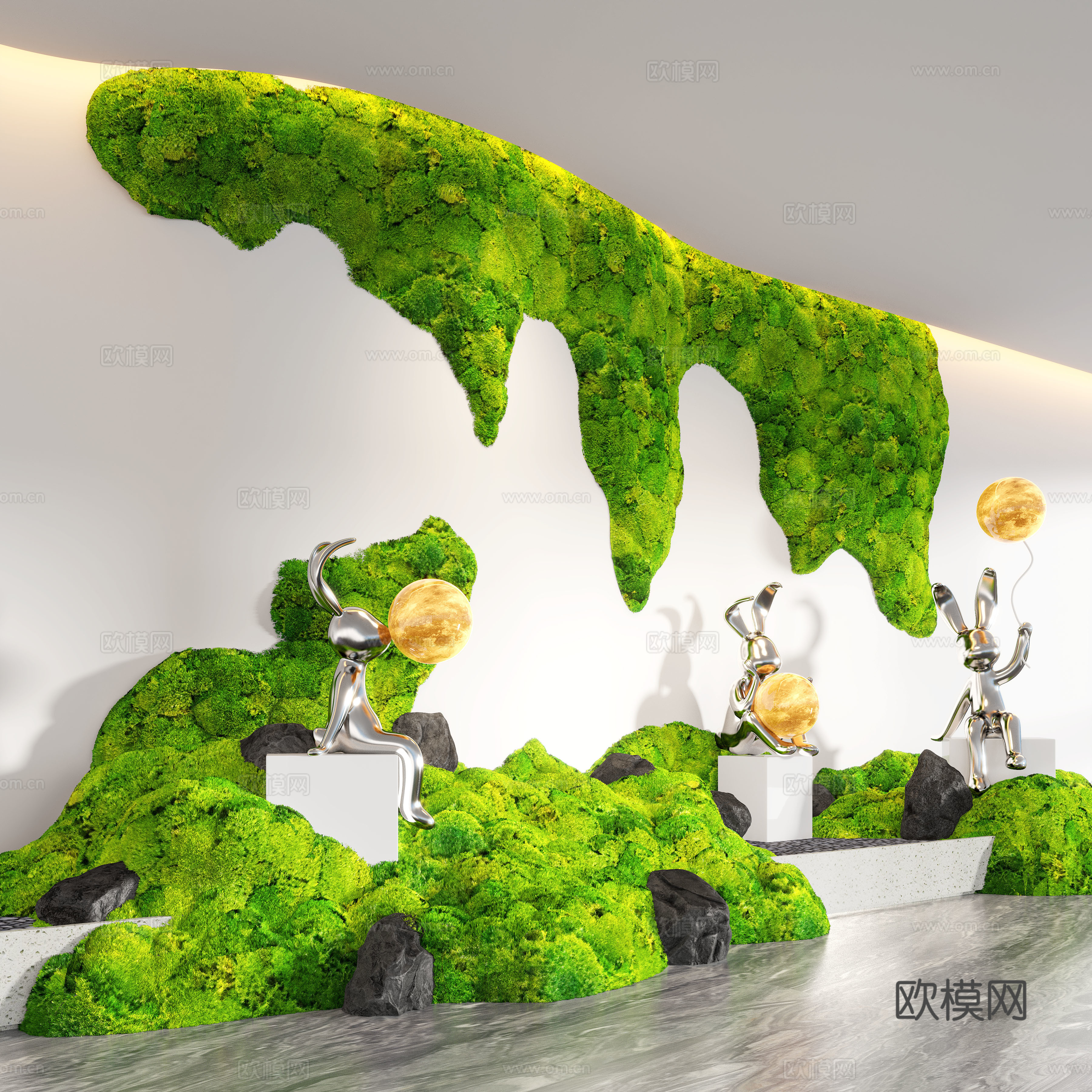 现代室内景观造景 苔藓景观 植物墙 永生苔藓墙su模型