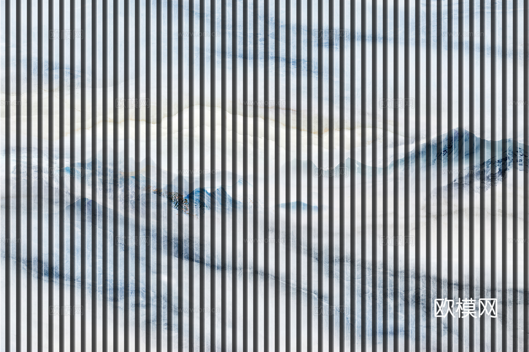 岩板大理石纹拉槽长城板格栅背景墙下载（渲染图1）