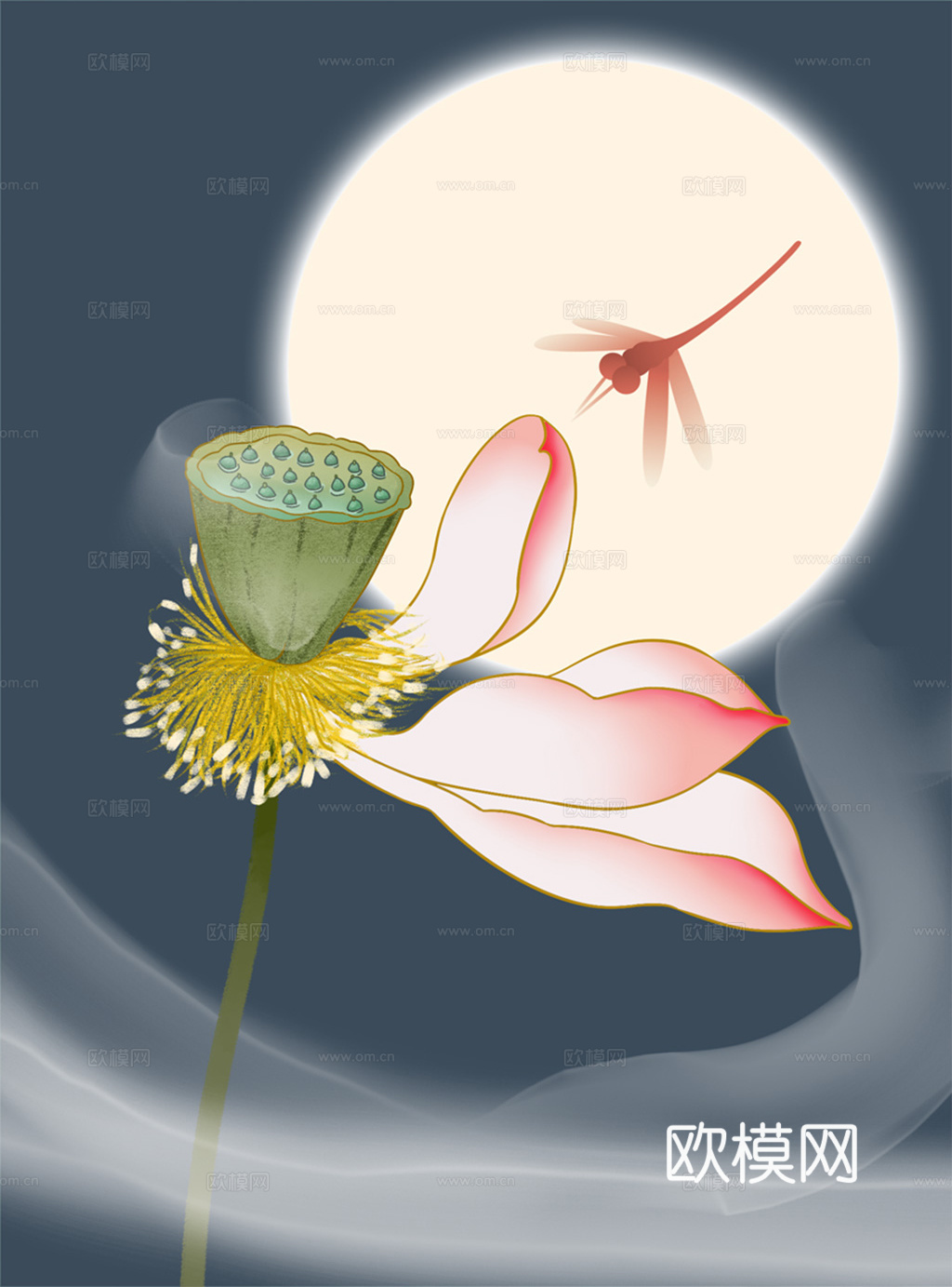 中式新中式荷花水彩装饰画下载