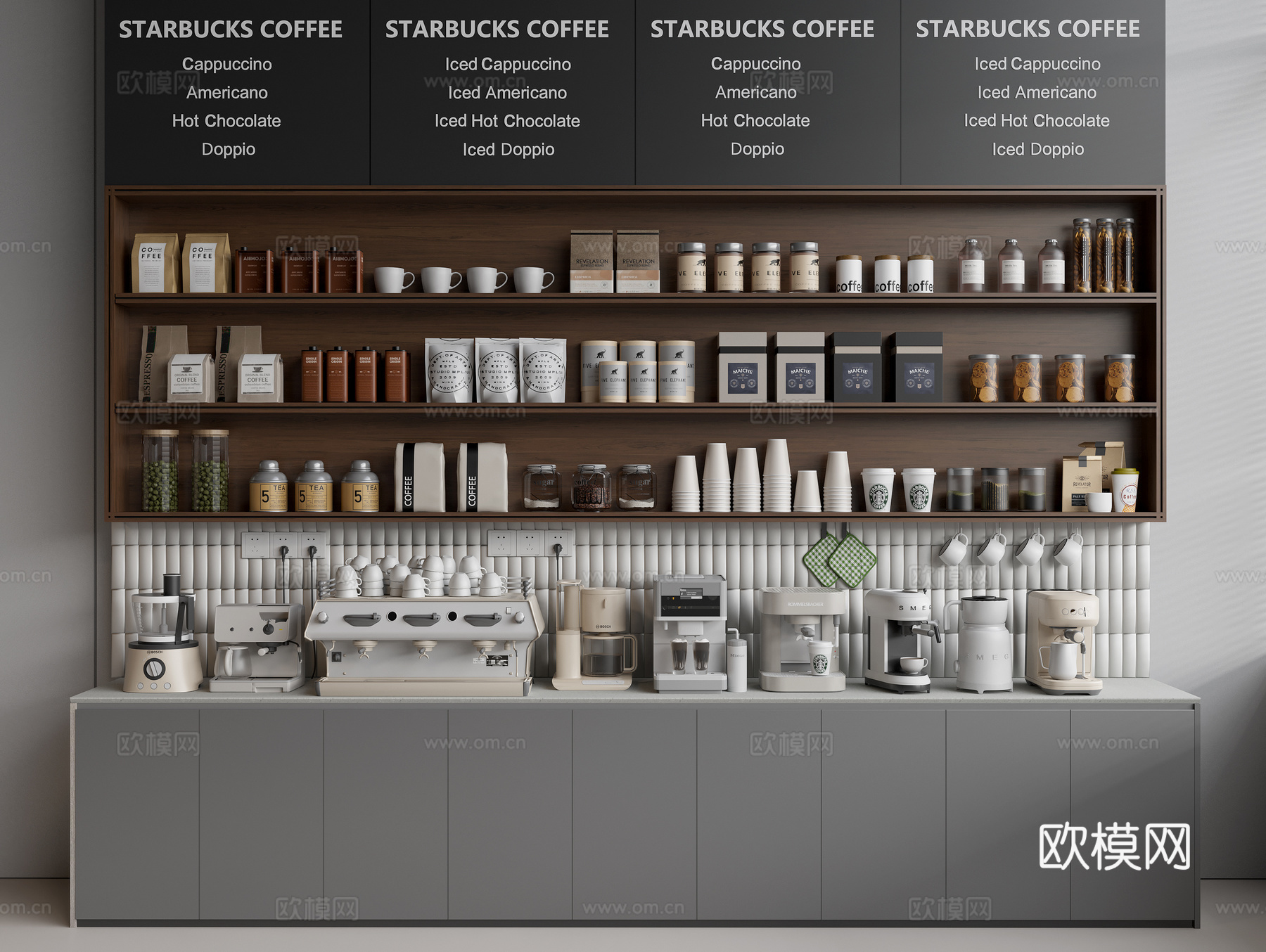 厨房用品 咖啡机 磨豆机 咖啡豆 咖啡杯 咖啡店吧台操作台su模型