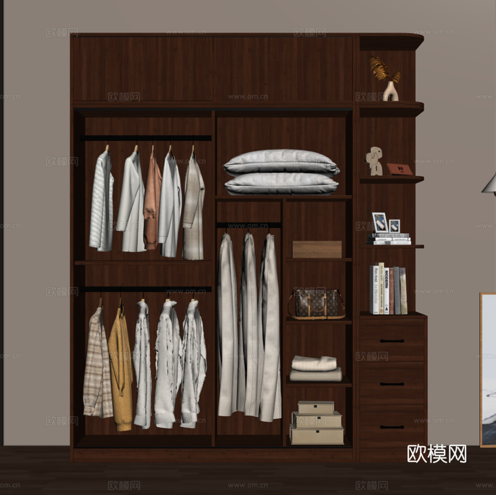 现代风格衣柜 服饰 包包 收纳箱 摆件组合 书籍 装饰画su模型