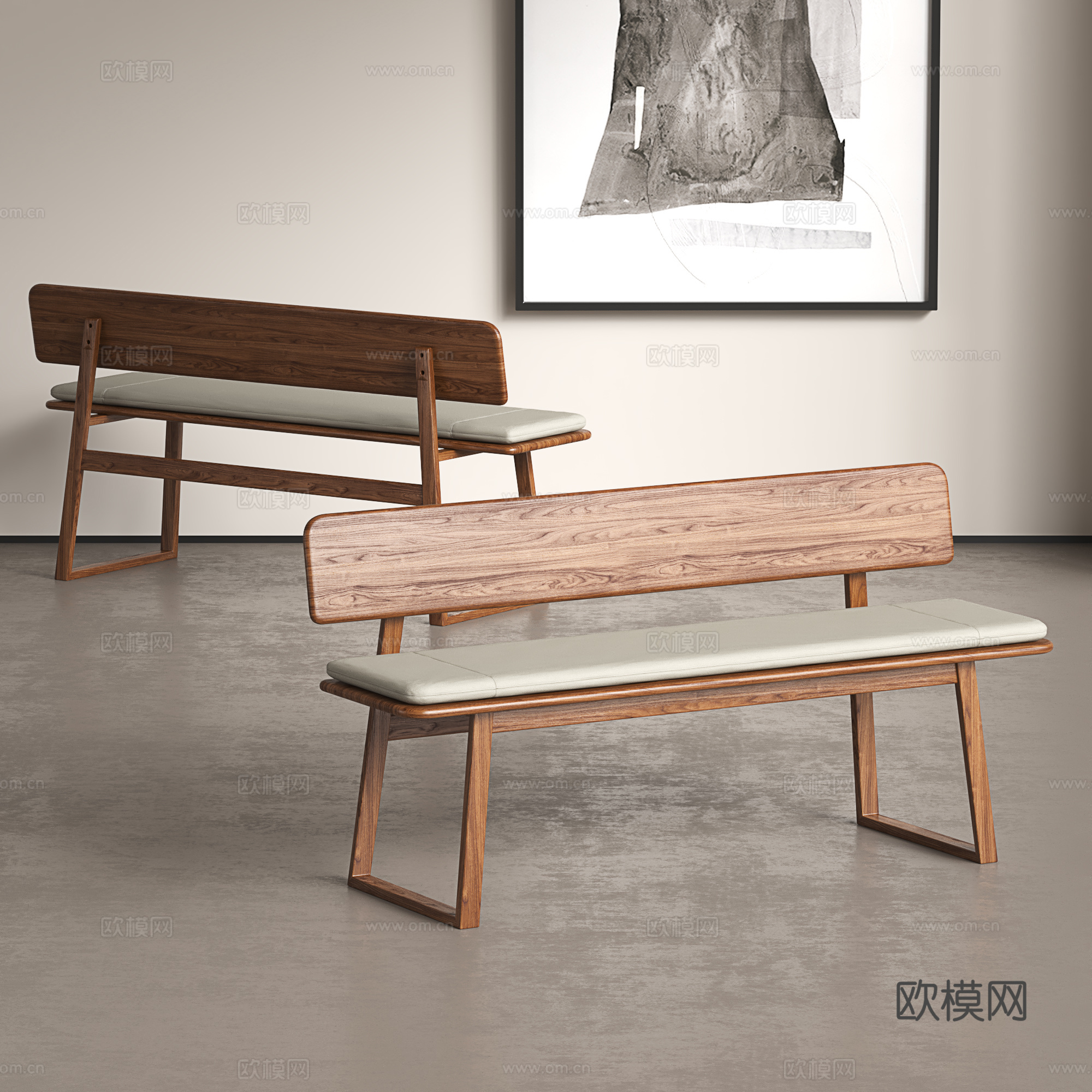 复古长条凳 简约实木长凳 中古靠背长凳子3d模型