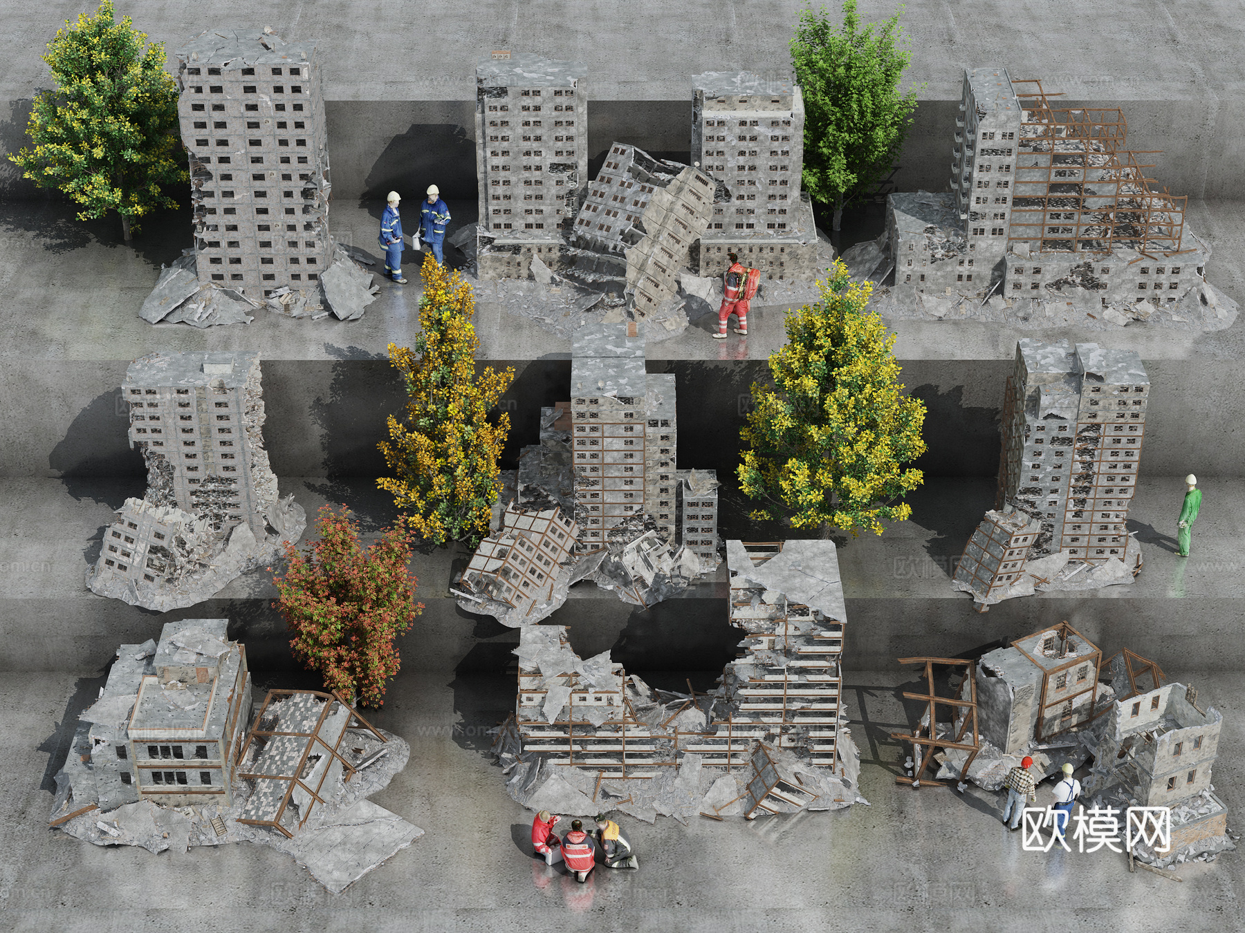 现代废墟组合 战后废墟 建筑废墟 厂房 工地废墟 游戏场景su模型