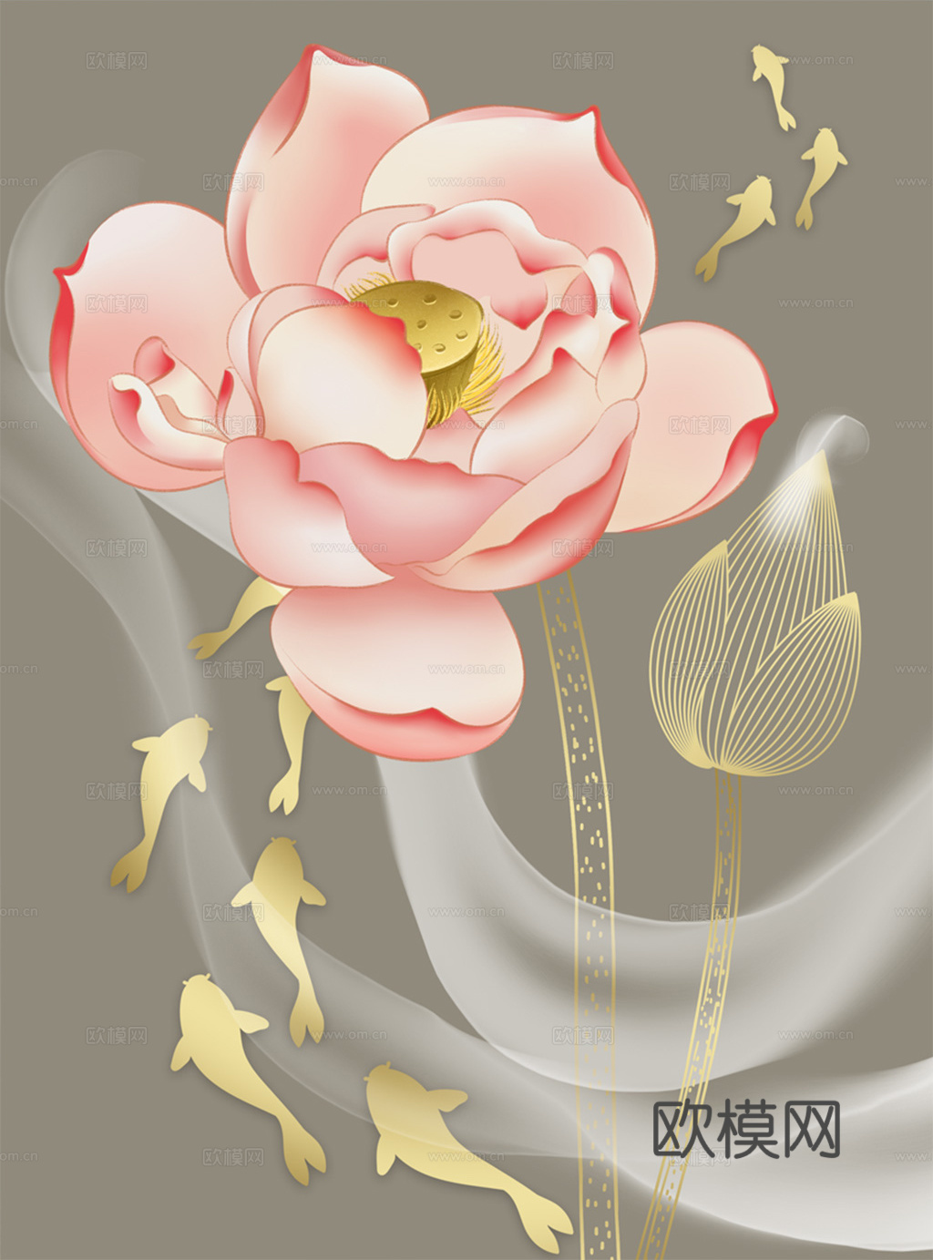 中式新中式荷花水彩装饰画
