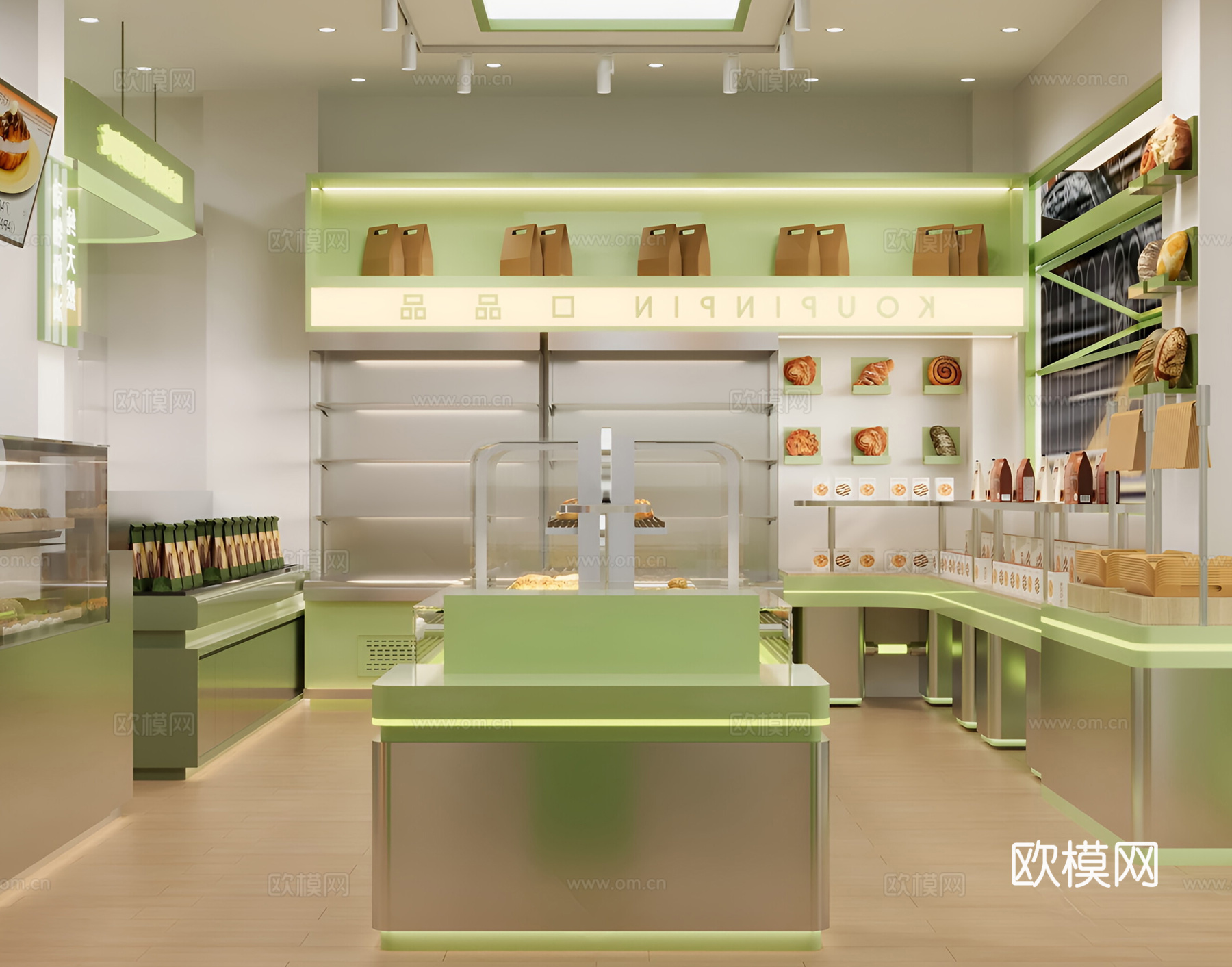 现代简约面包店 原木绿色烘焙店3d模型