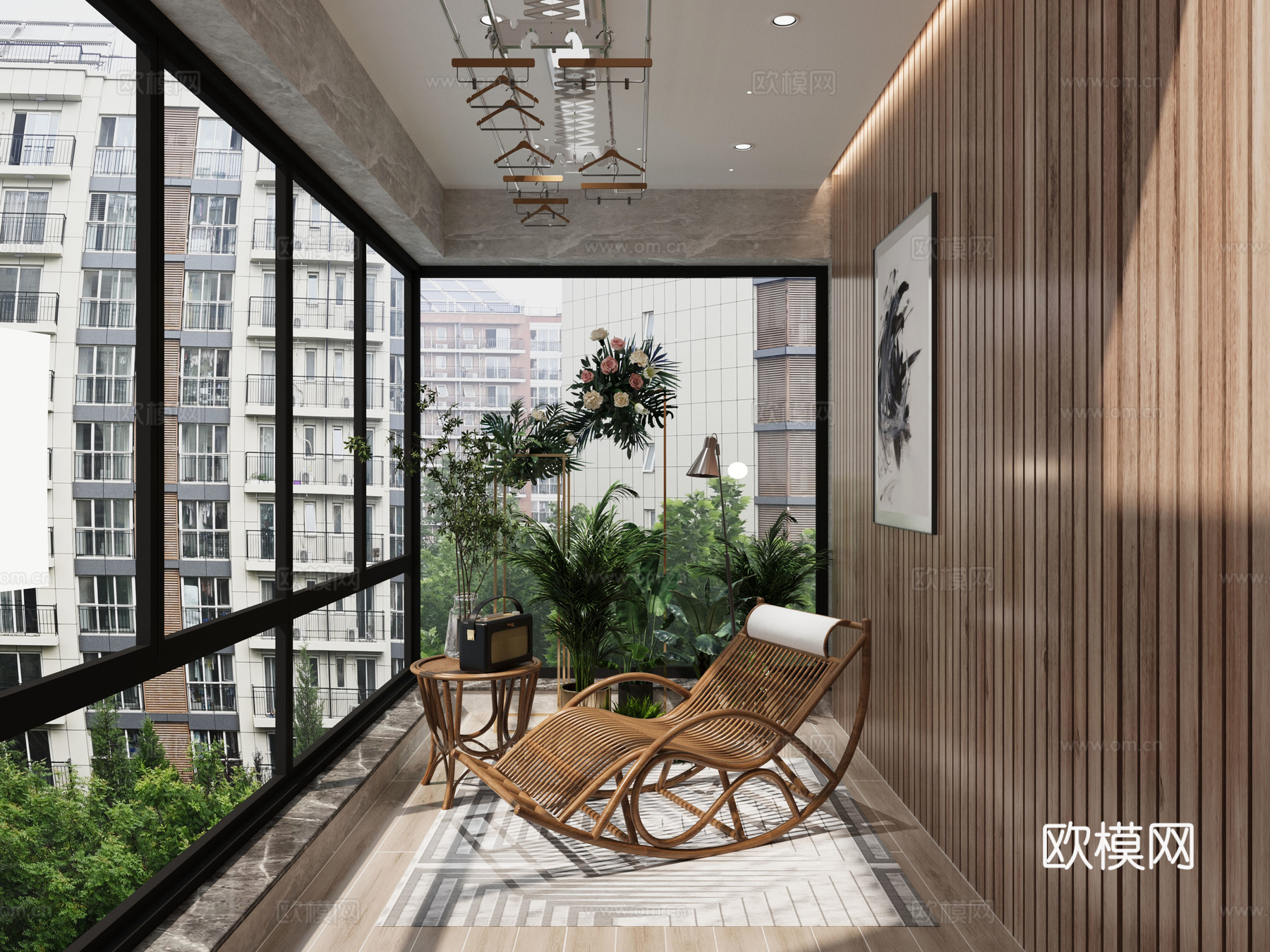 现代家居阳台庭院 户外椅 户外躺椅 景观小品 植物堆 休闲椅3d模型