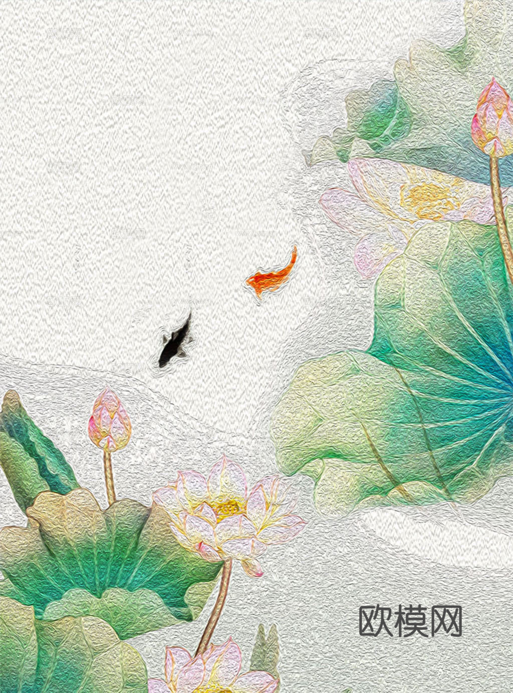 中式新中式荷花水彩装饰画