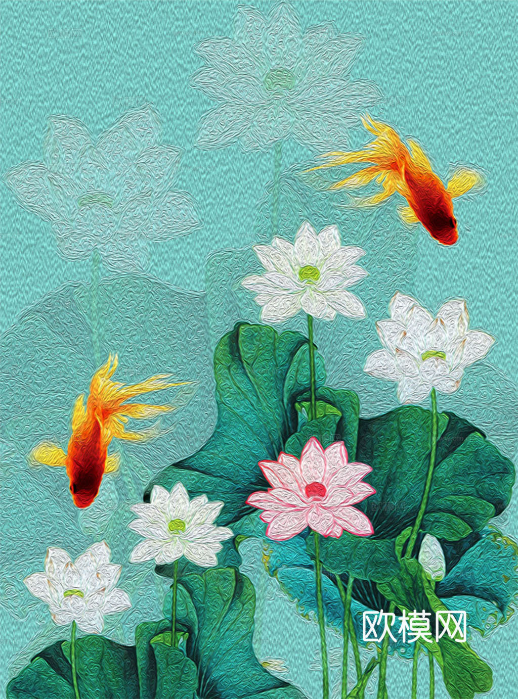 中式新中式荷花水彩装饰画