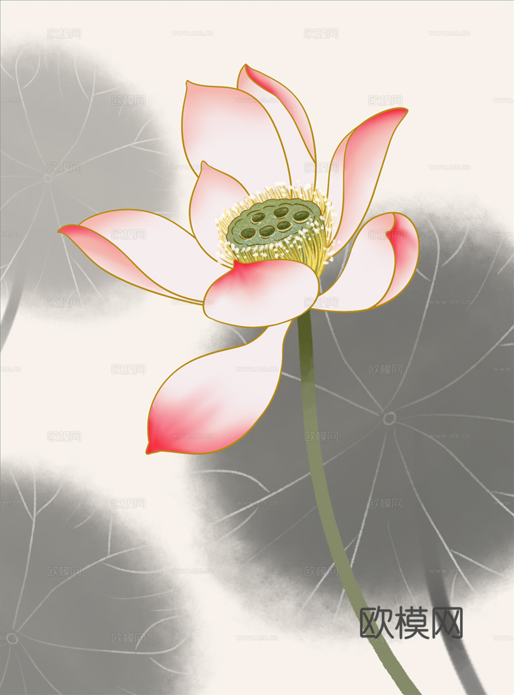 中式新中式荷花水彩装饰画下载