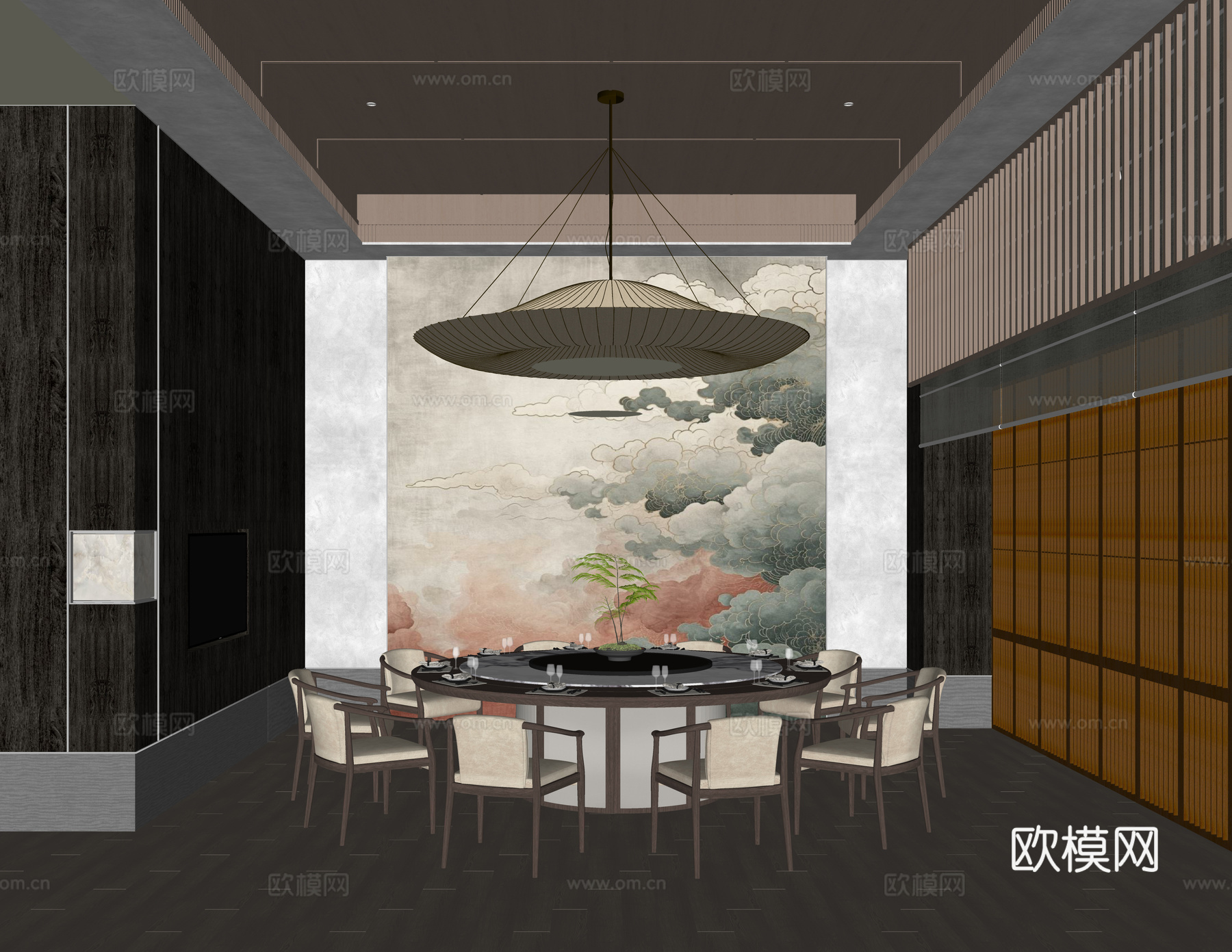 新中式餐饮包房包厢su模型