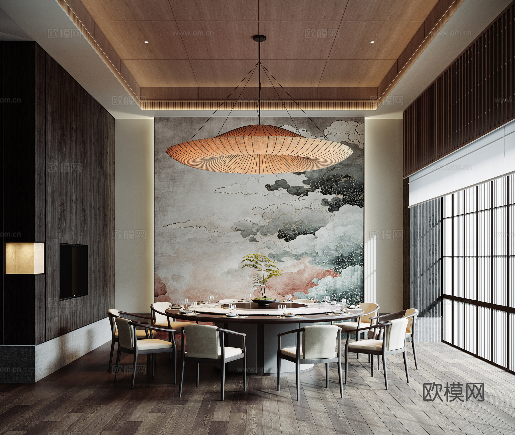 新中式餐饮包房包厢su模型