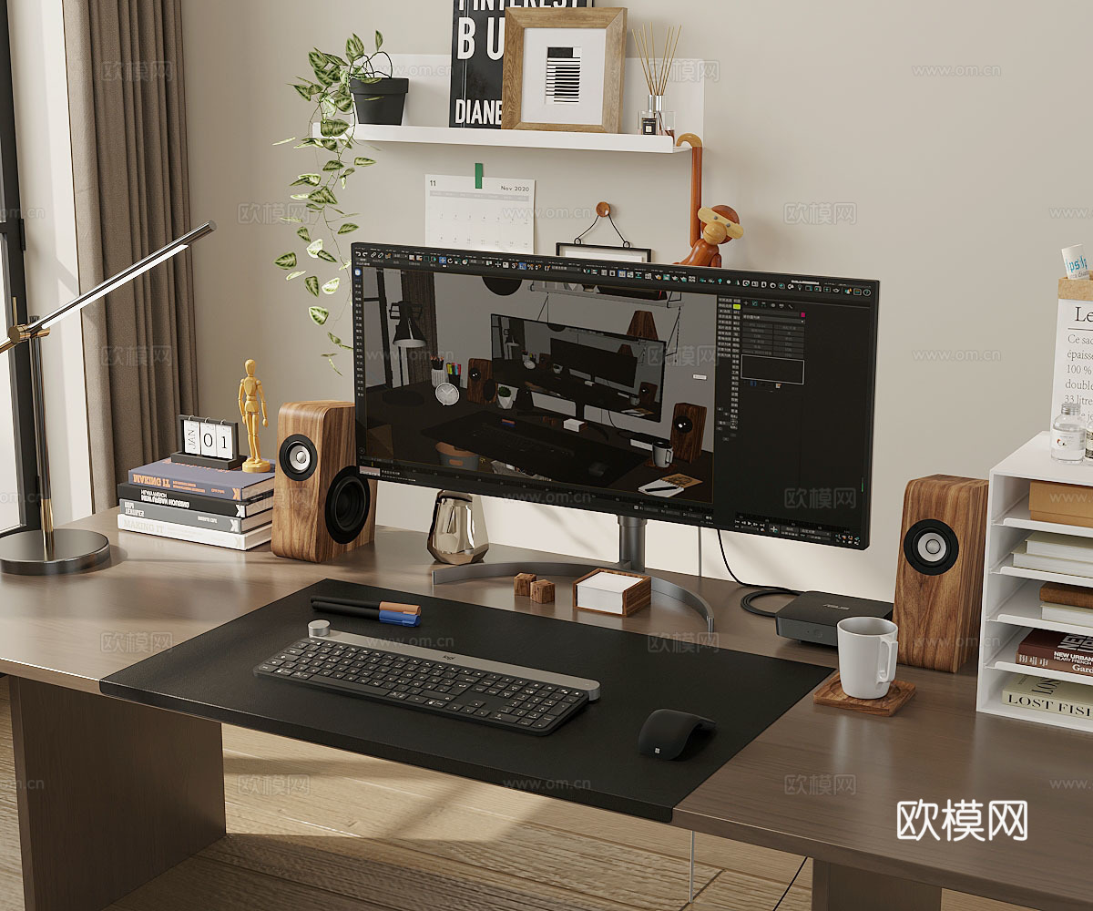 平板电脑 键盘 鼠标 咖啡 花瓶 台灯 桌面摆件 书桌摆件3d模型